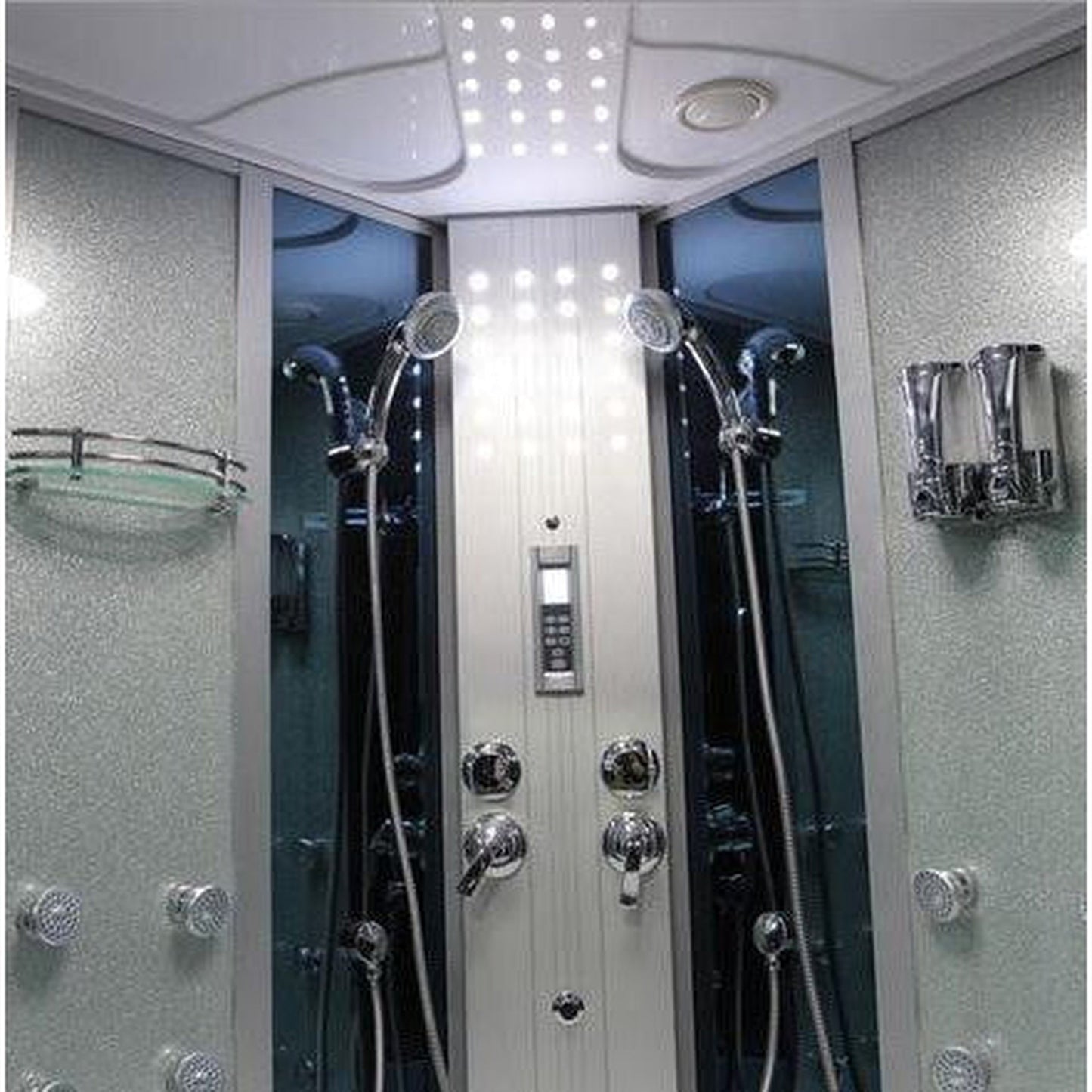 Mesa 66" x 66" x 85" Corner Blue Tempered Glass Combination Steam Shower Jetted Tub With 4kW Steam Generation, 12 Acupuncture Body Jets and 6 Whirlpool Jets