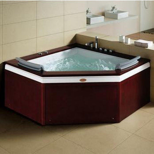 Mesa Autumn 60" x 60" x 27" Two Person Corner Freestanding Dual Therapy Jetted Tub With Brown Rich Hard Wood Decking, 10 Whirlpool Jets and Air System