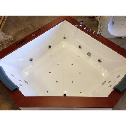 Mesa Autumn 60" x 60" x 27" Two Person Corner Freestanding Dual Therapy Jetted Tub With White Rich Hard Wood Decking, 10 Whirlpool Jets and Air System