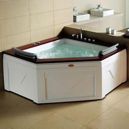 Mesa Autumn 60" x 60" x 27" Two Person Corner Freestanding Dual Therapy Jetted Tub With White Rich Hard Wood Decking, 10 Whirlpool Jets and Air System