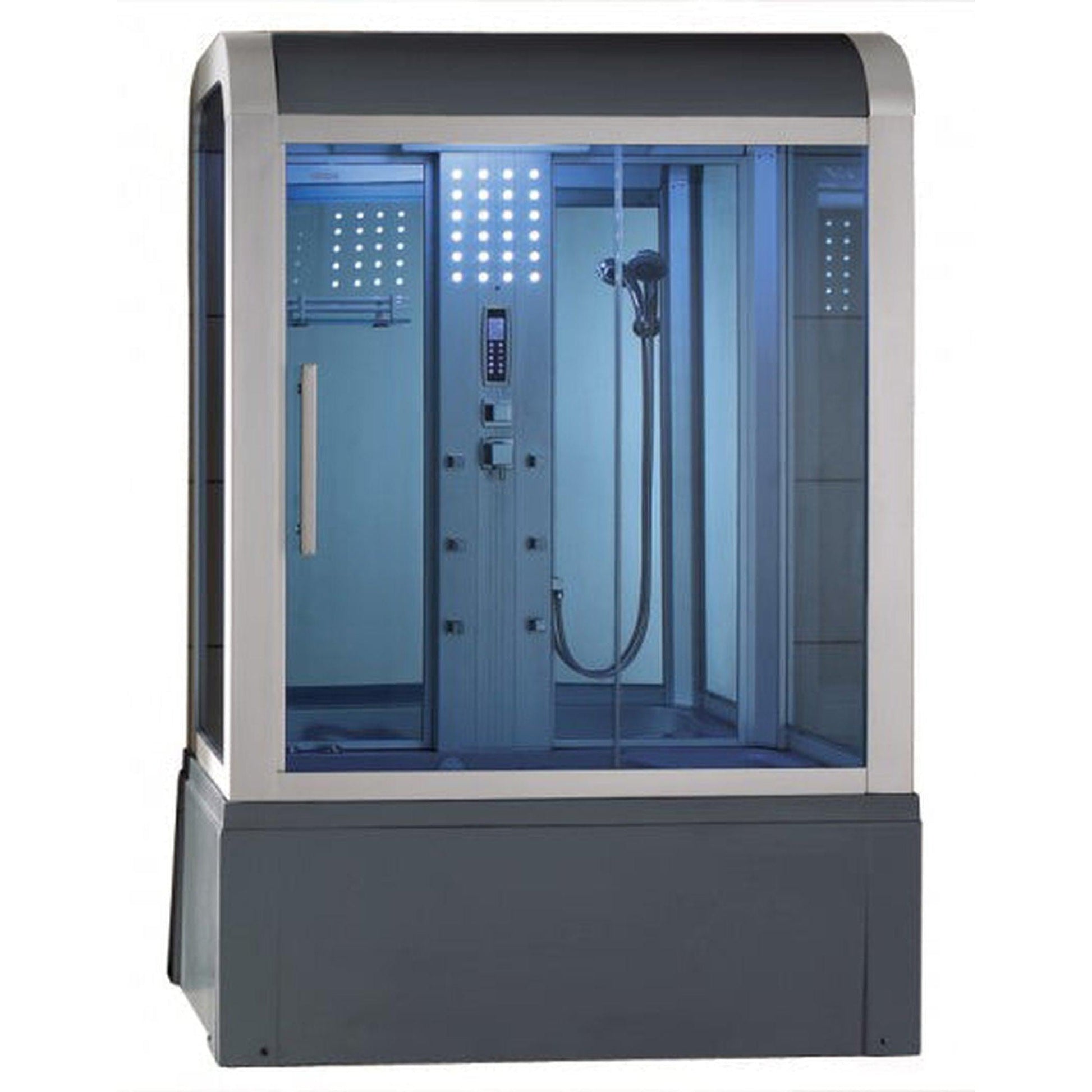 Mesa Yukon 60" x 33" x 87" Blue Tempered Glass Gray Exterior Freestanding Steam Shower Jetted Tub Combo With 3kW High Output Steam, 6 Acupuncture Body Jets and 6 Whirlpool Jets