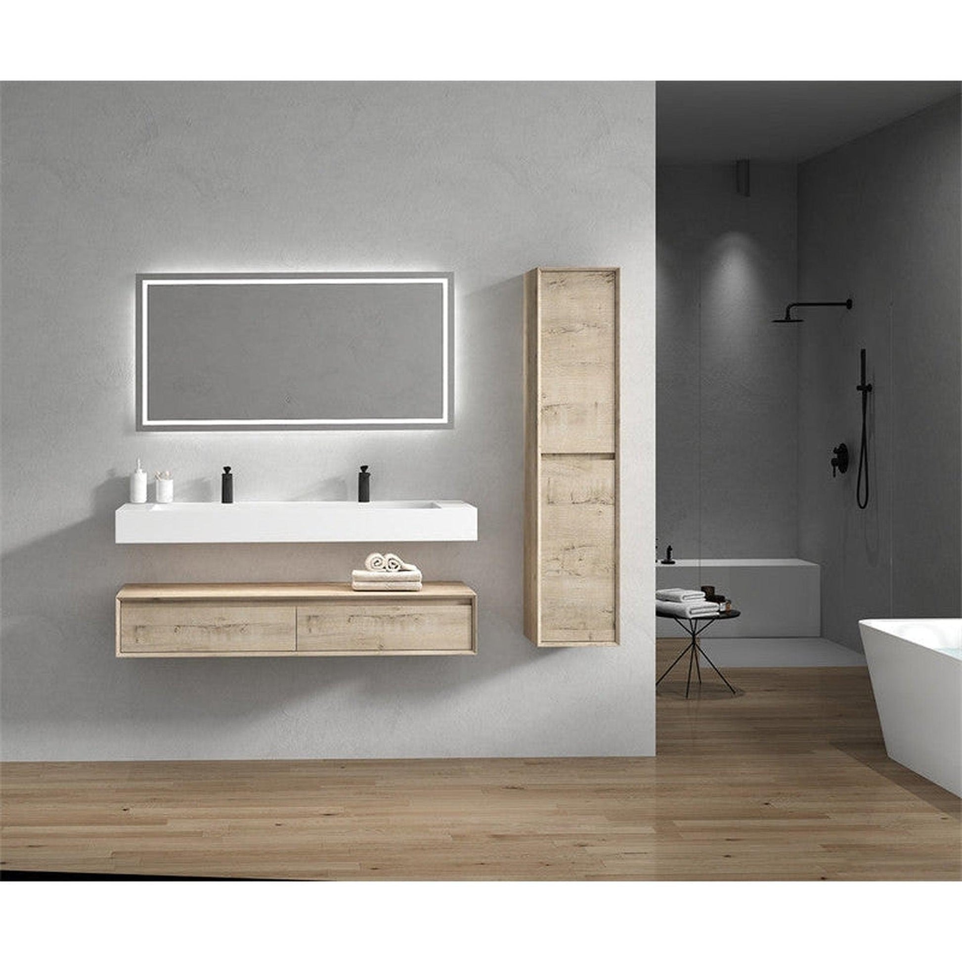 Moreno Bath ALYSA 60" Light Oak Floating Vanity With Double Faucet Holes and Reinforced White Acrylic Sink
