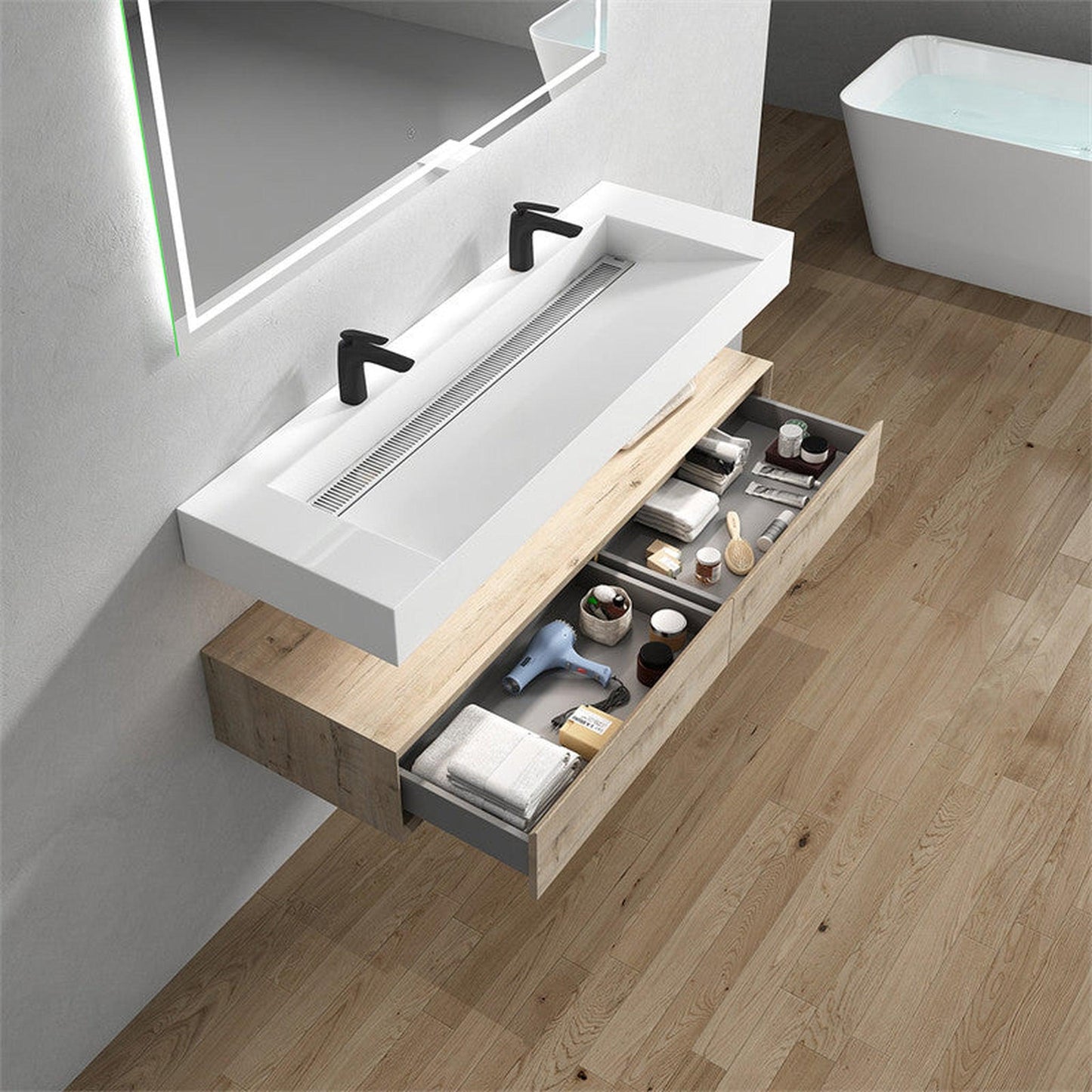Moreno Bath ALYSA 60" Light Oak Floating Vanity With Double Faucet Holes and Reinforced White Acrylic Sink