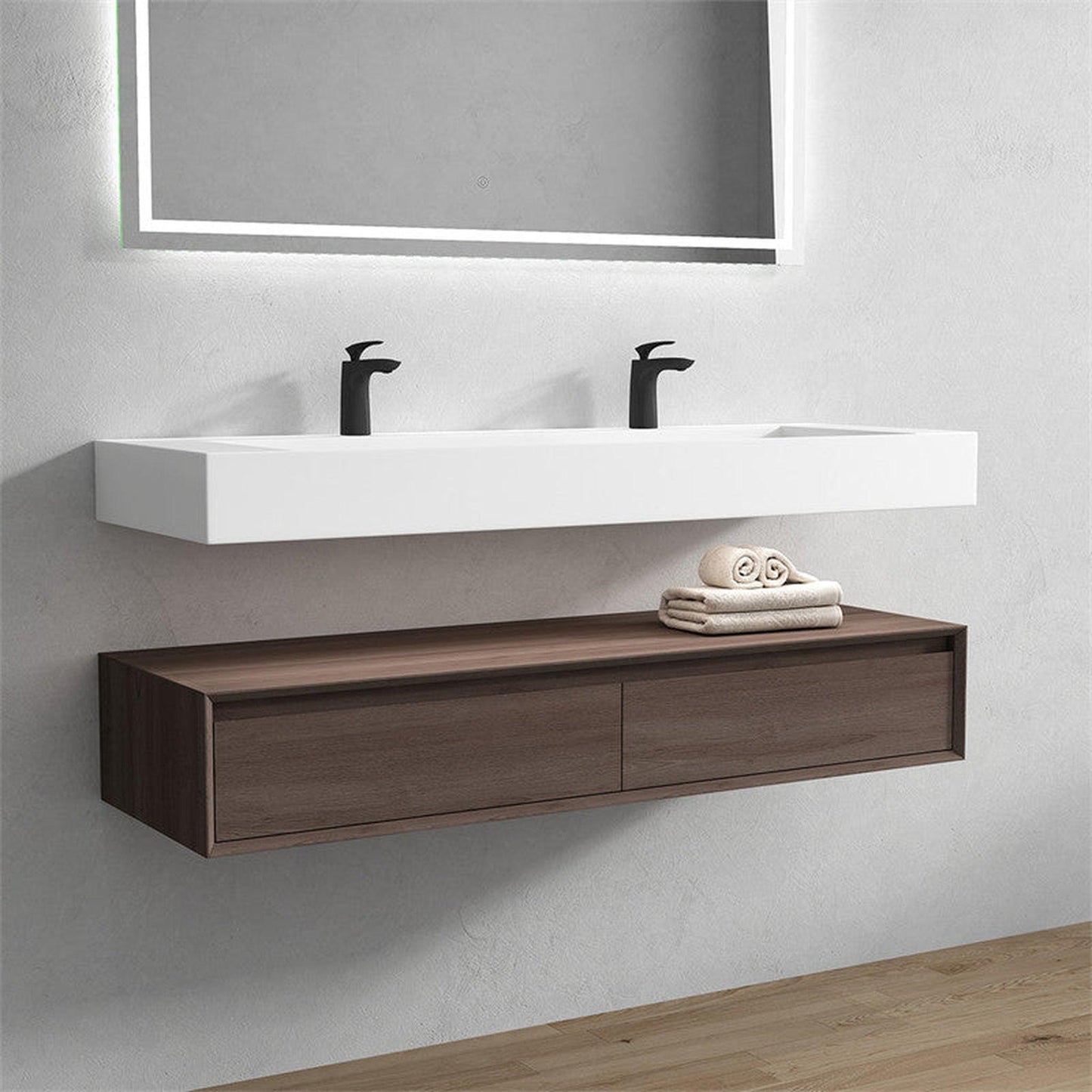 Moreno Bath ALYSA 60" Red Oak Floating Vanity With Double Faucet Holes and Reinforced White Acrylic Sink