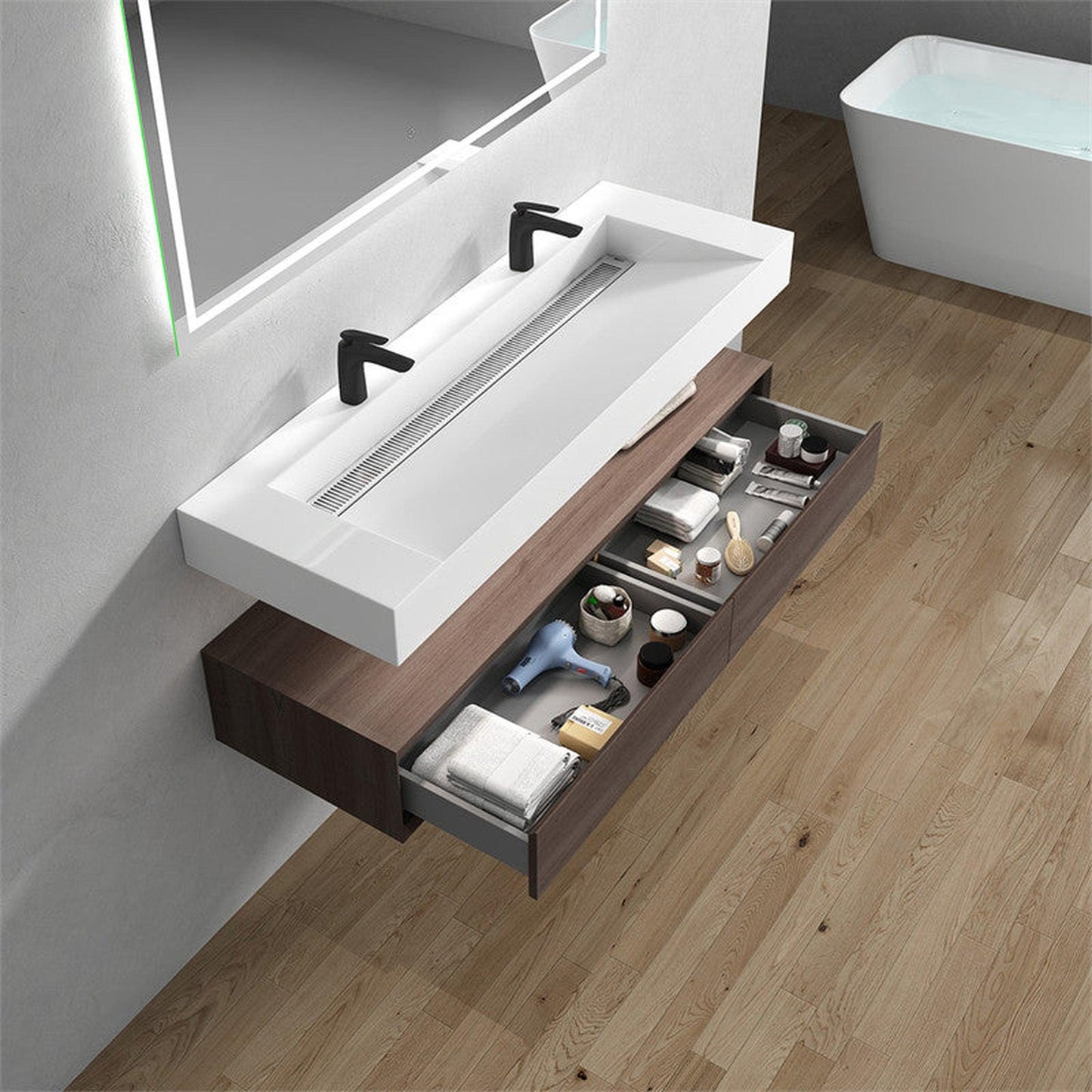 Moreno Bath ALYSA 60" Red Oak Floating Vanity With Double Faucet Holes and Reinforced White Acrylic Sink