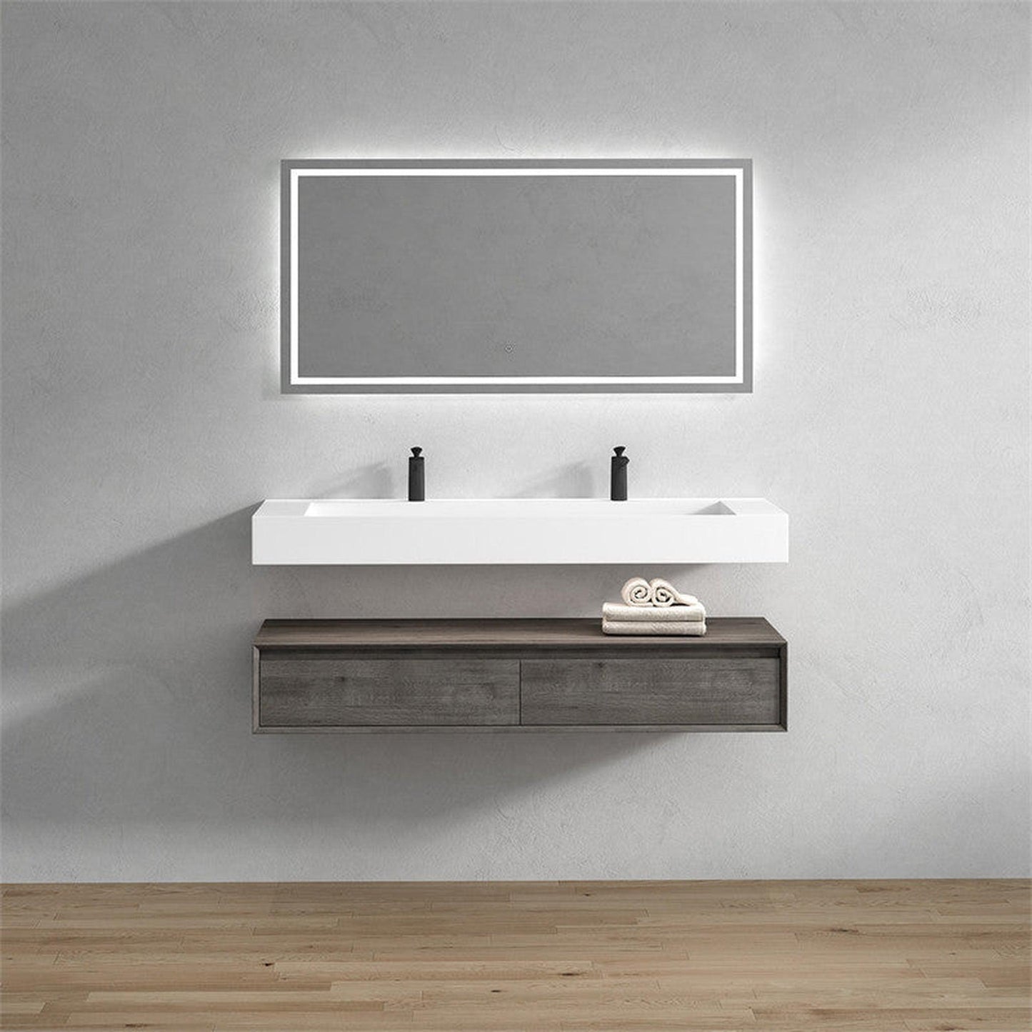 Moreno Bath ALYSA 60" Smoke Oak Floating Vanity With Double Faucet Holes and Reinforced White Acrylic Sink