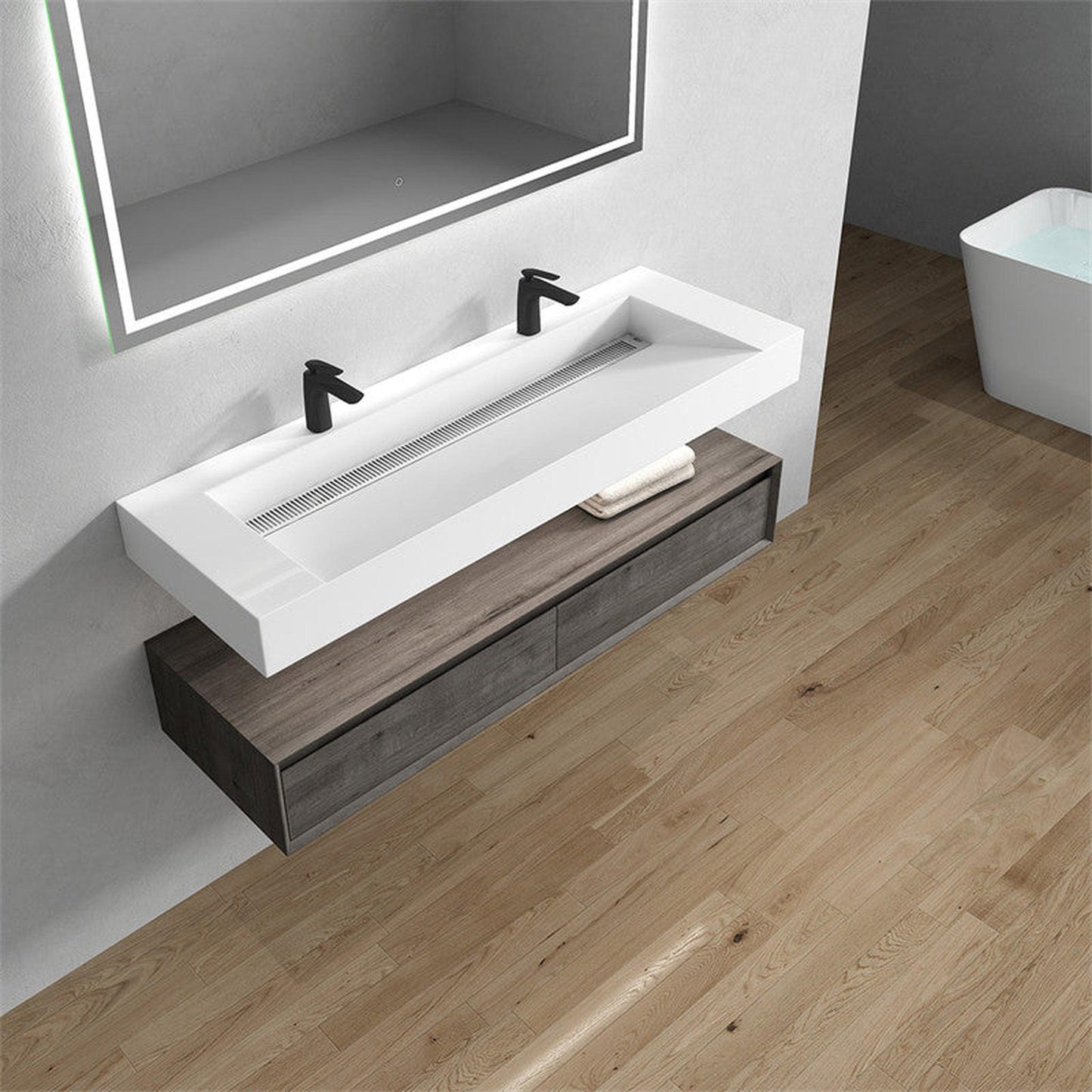 Moreno Bath ALYSA 60" Smoke Oak Floating Vanity With Double Faucet Holes and Reinforced White Acrylic Sink