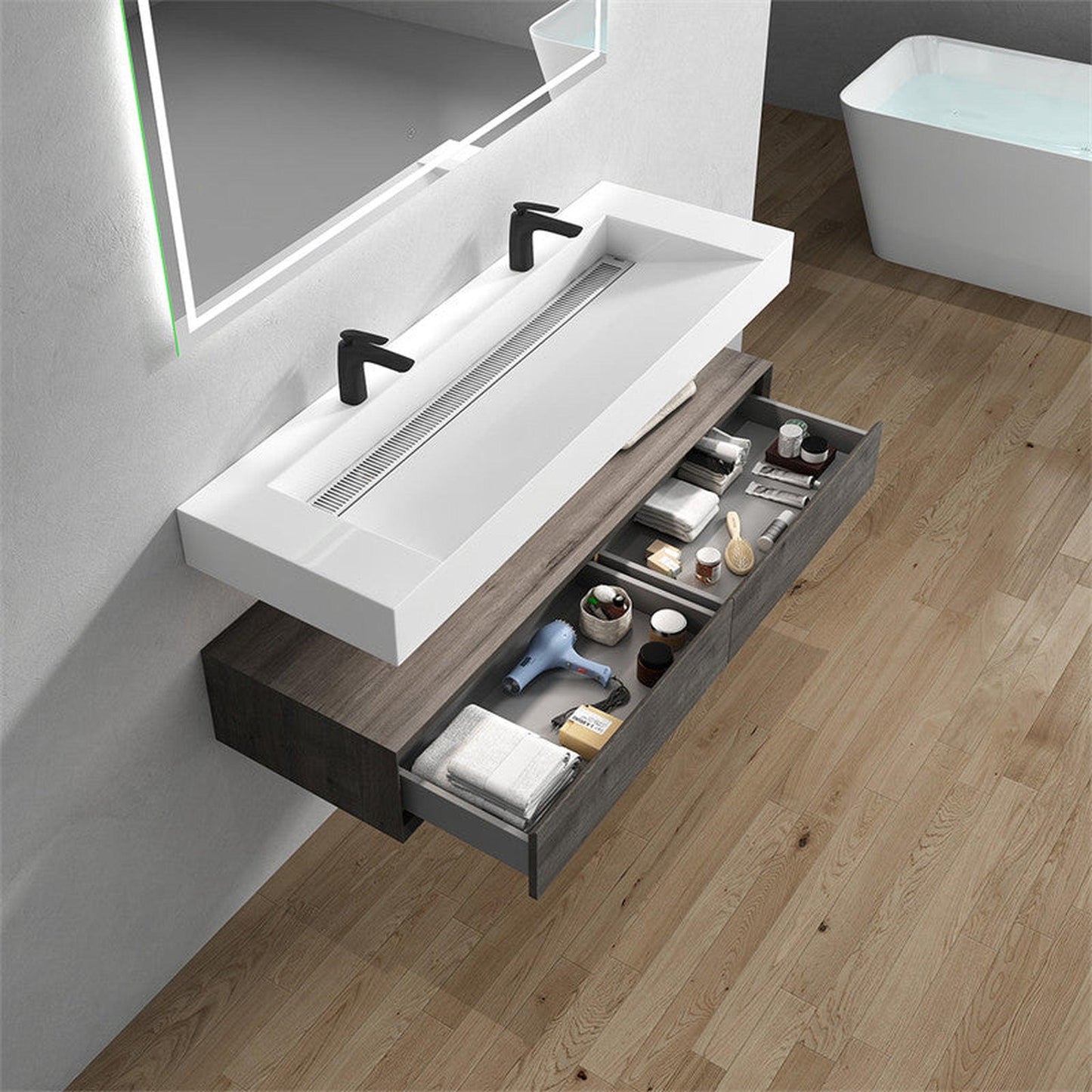 Moreno Bath ALYSA 60" Smoke Oak Floating Vanity With Double Faucet Holes and Reinforced White Acrylic Sink