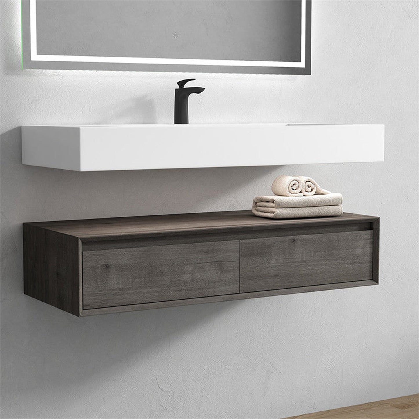 Moreno Bath ALYSA 60" Smoke Oak Floating Vanity With Single Faucet Hole and Reinforced White Acrylic Sink