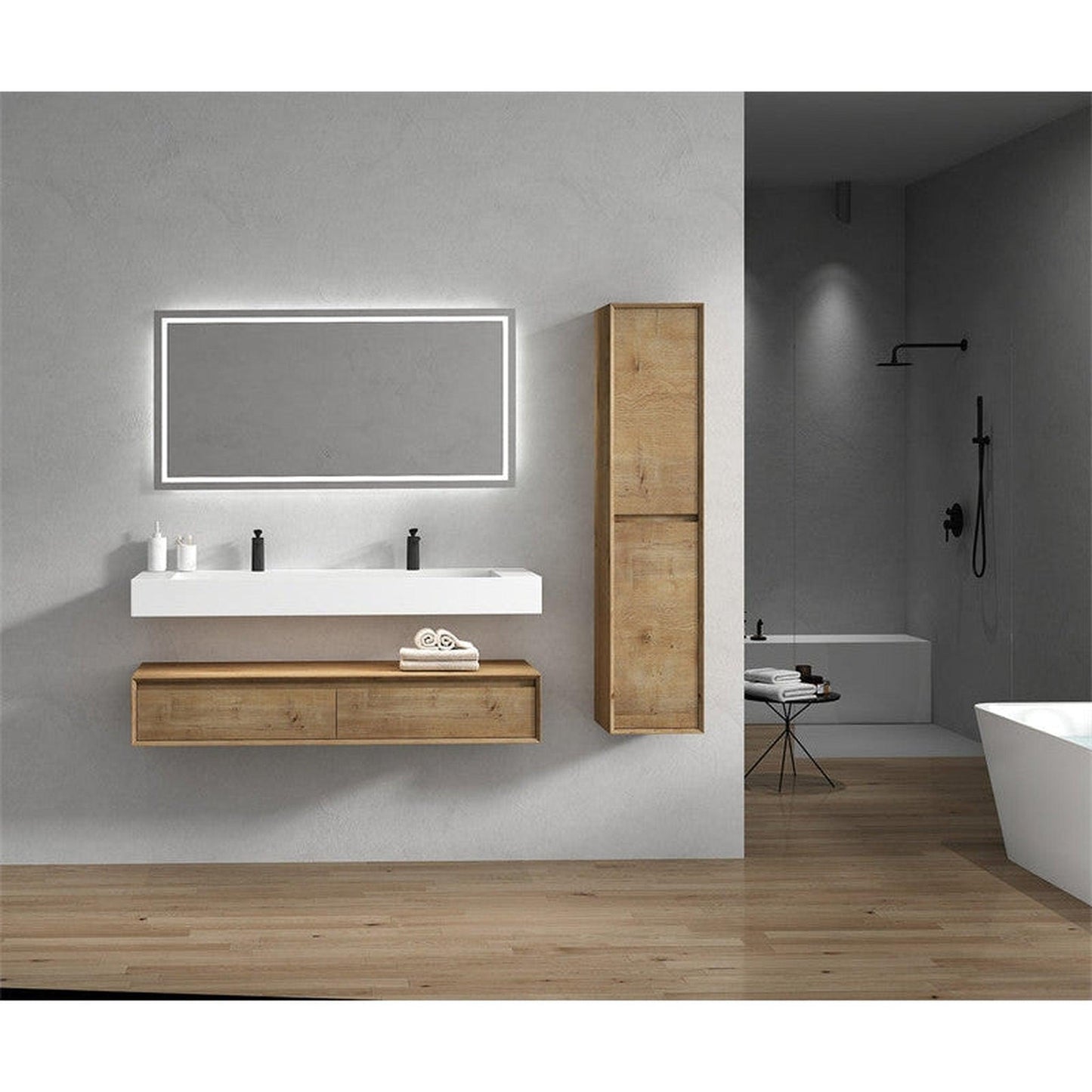Moreno Bath ALYSA 60" White Oak Floating Vanity With Double Faucet Holes and Reinforced White Acrylic Sink