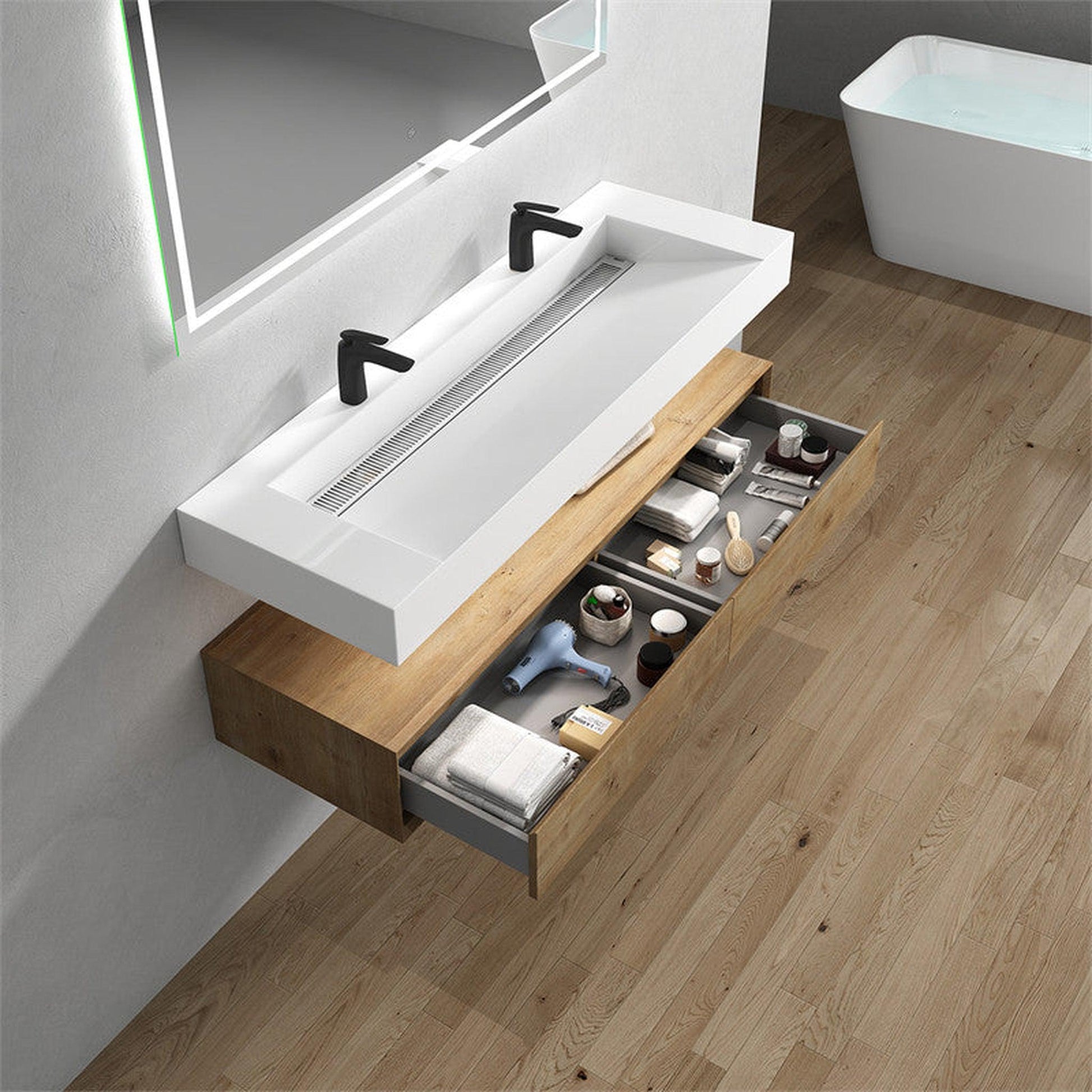 Moreno Bath ALYSA 60" White Oak Floating Vanity With Double Faucet Holes and Reinforced White Acrylic Sink