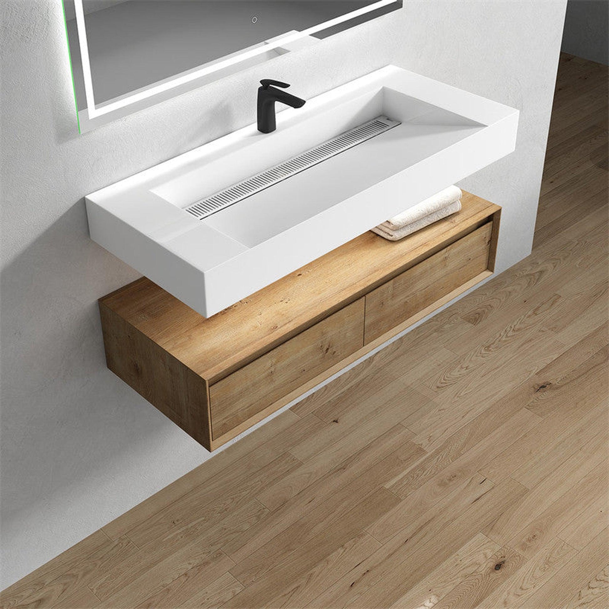 Moreno Bath ALYSA 60" White Oak Floating Vanity With Single Faucet Hole and Reinforced White Acrylic Sink