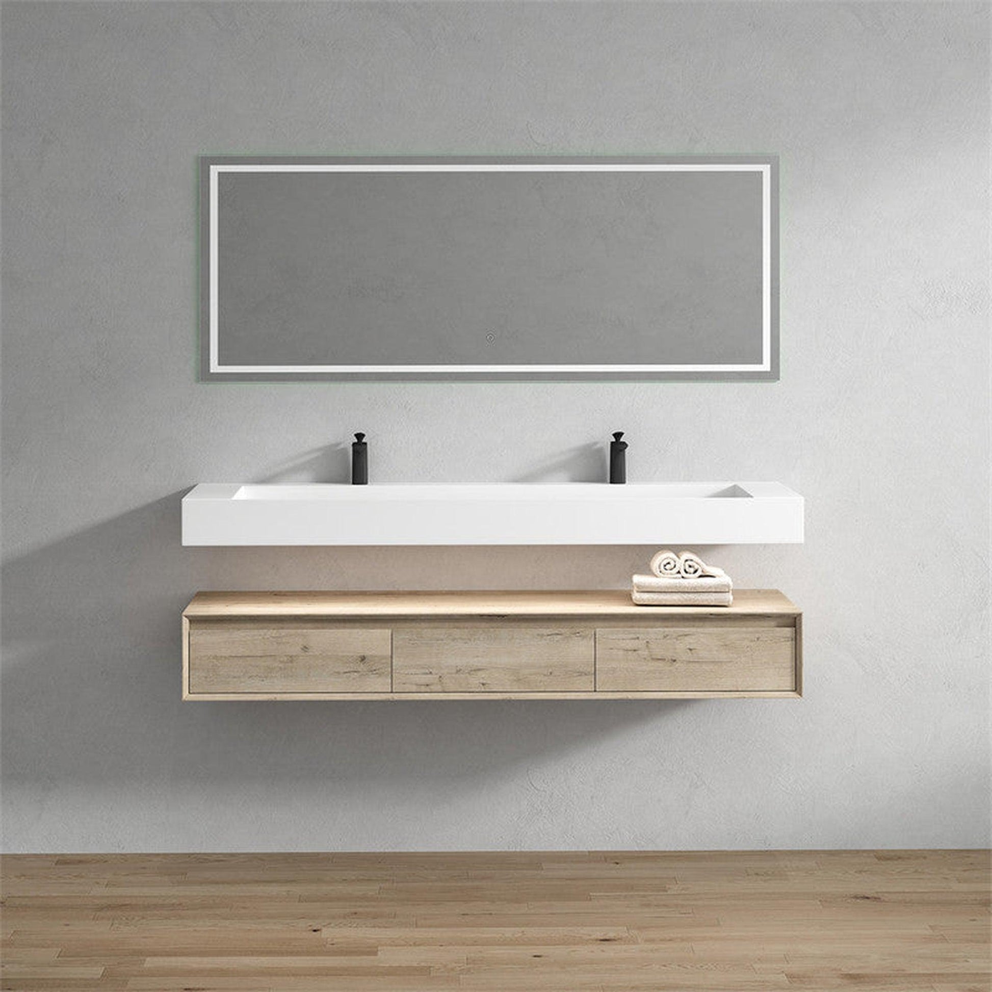 Moreno Bath ALYSA 72" Light Oak Floating Vanity With Double Faucet Holes and Reinforced White Acrylic Sink