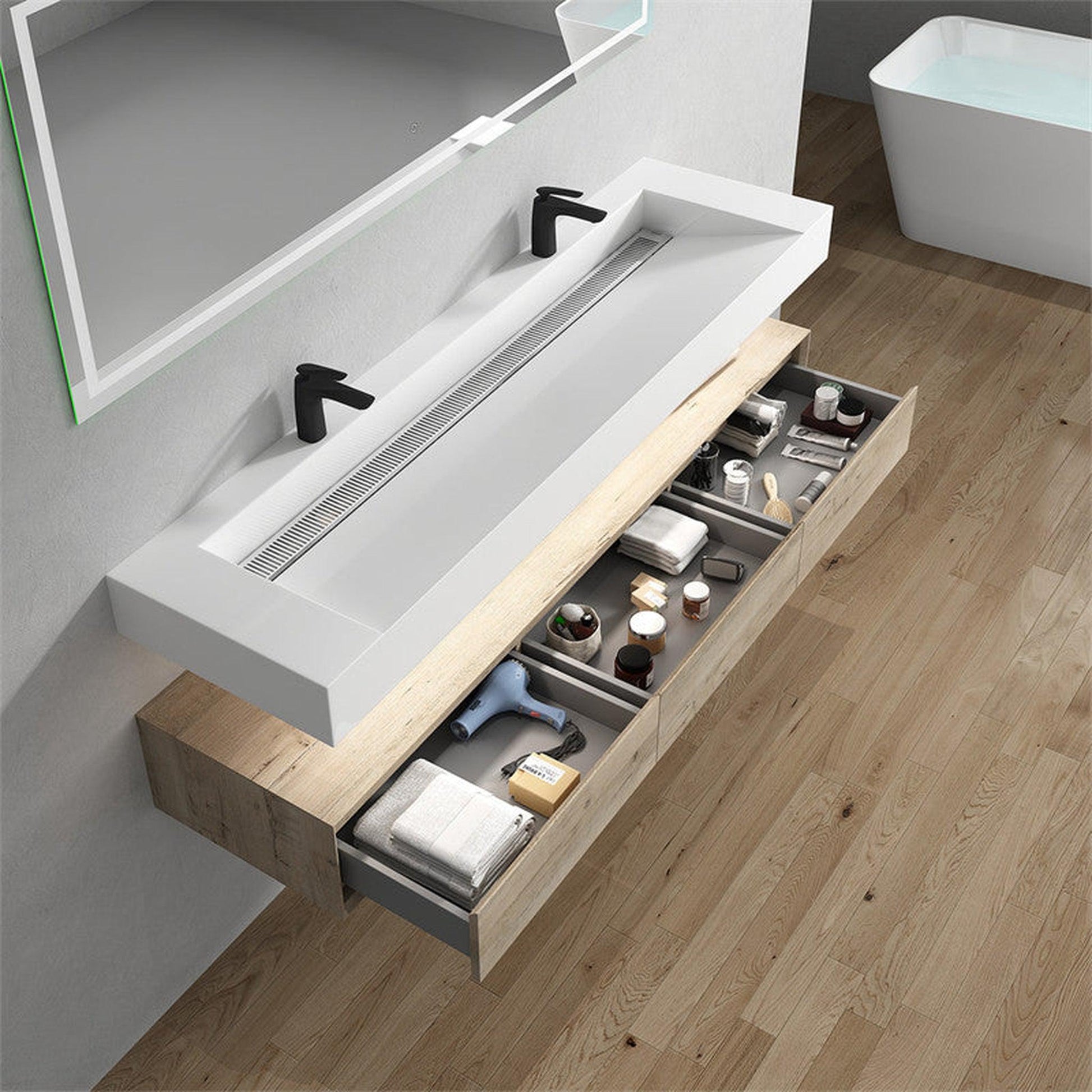 Moreno Bath ALYSA 72" Light Oak Floating Vanity With Double Faucet Holes and Reinforced White Acrylic Sink