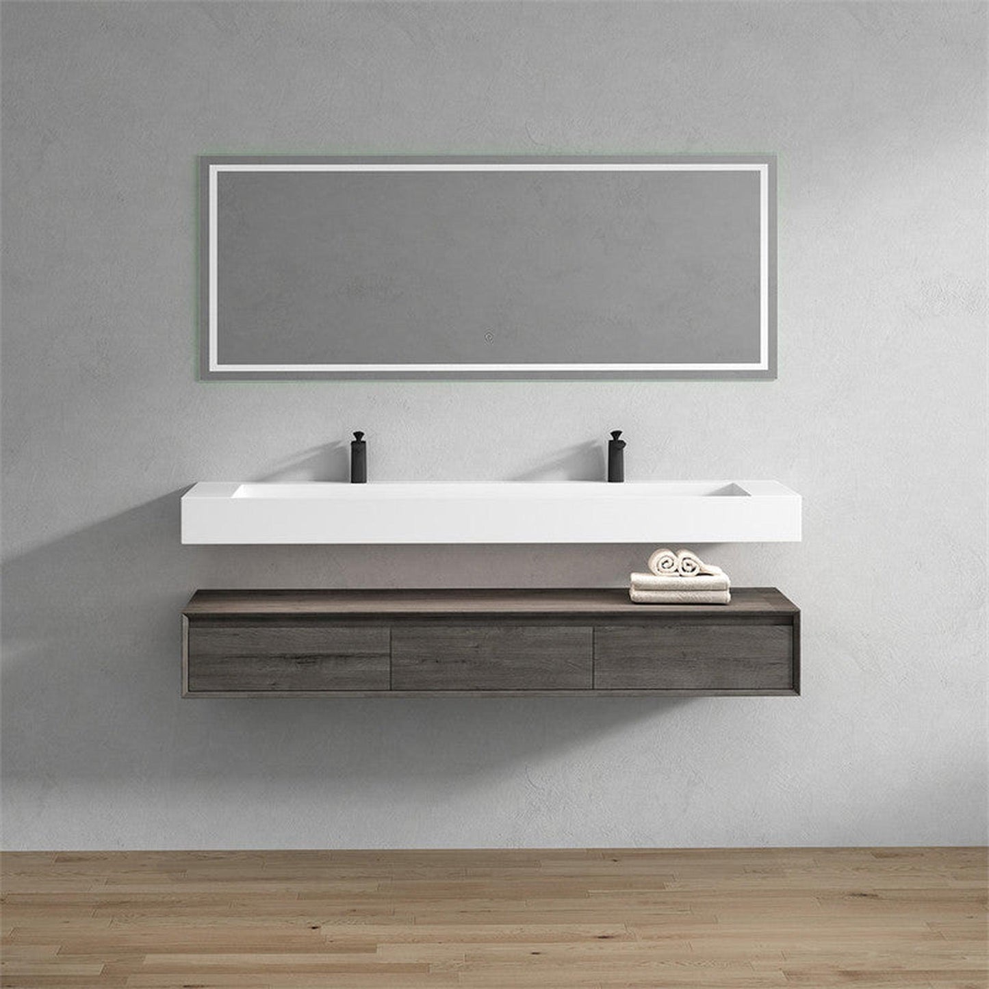Moreno Bath ALYSA 72" Smoke Oak Floating Vanity With Double Faucet Holes and Reinforced White Acrylic Sink