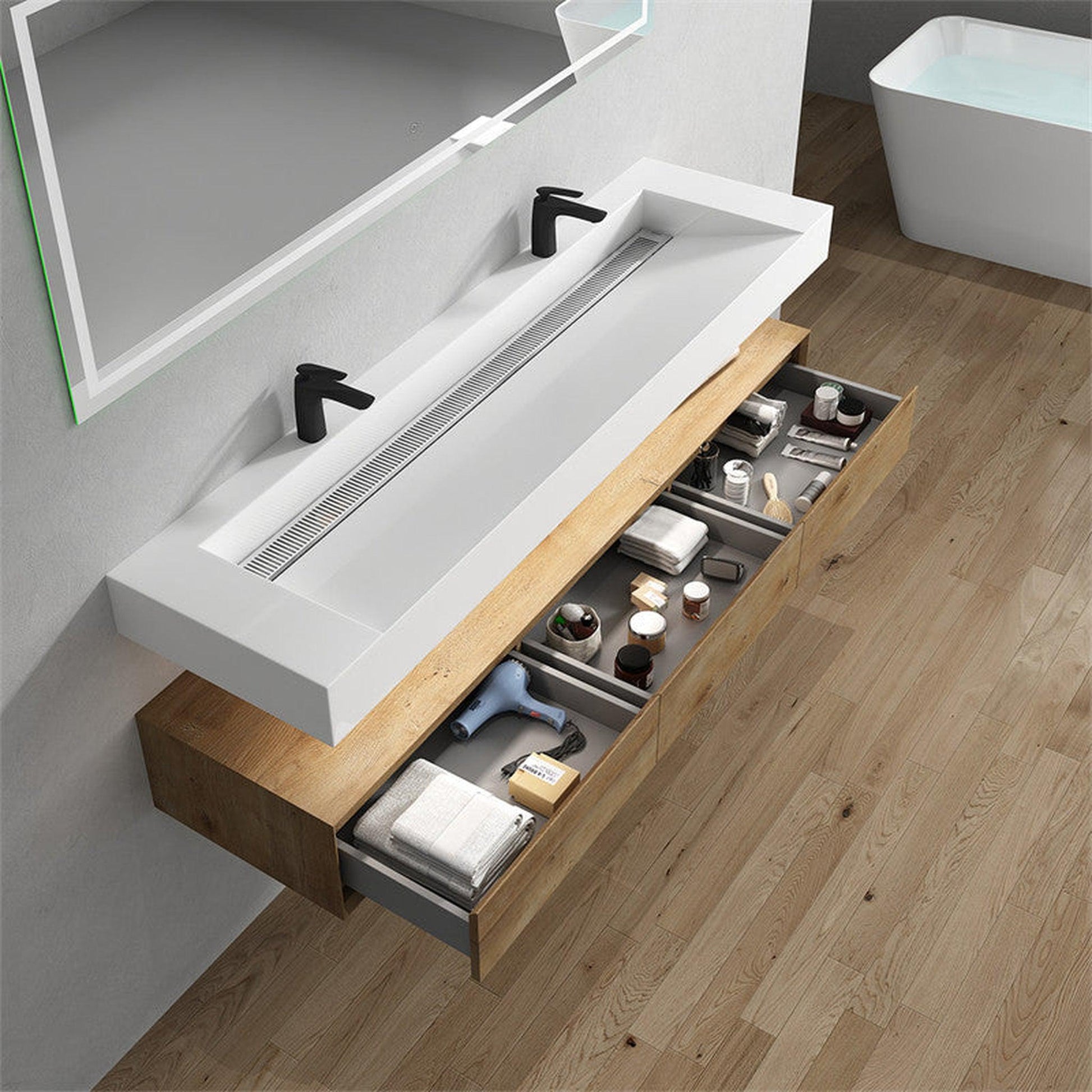 Moreno Bath ALYSA 72" White Oak Floating Vanity With Double Faucet Holes and Reinforced White Acrylic Sink