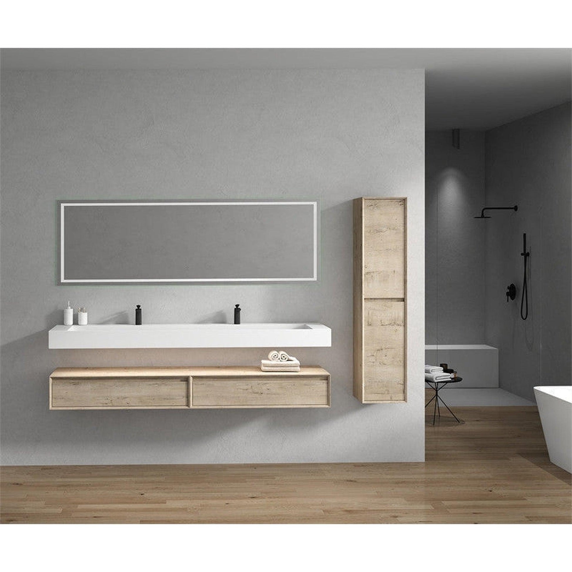 Moreno Bath ALYSA 84" Light Oak Floating Vanity With Double Faucet Holes and Reinforced White Acrylic Sink