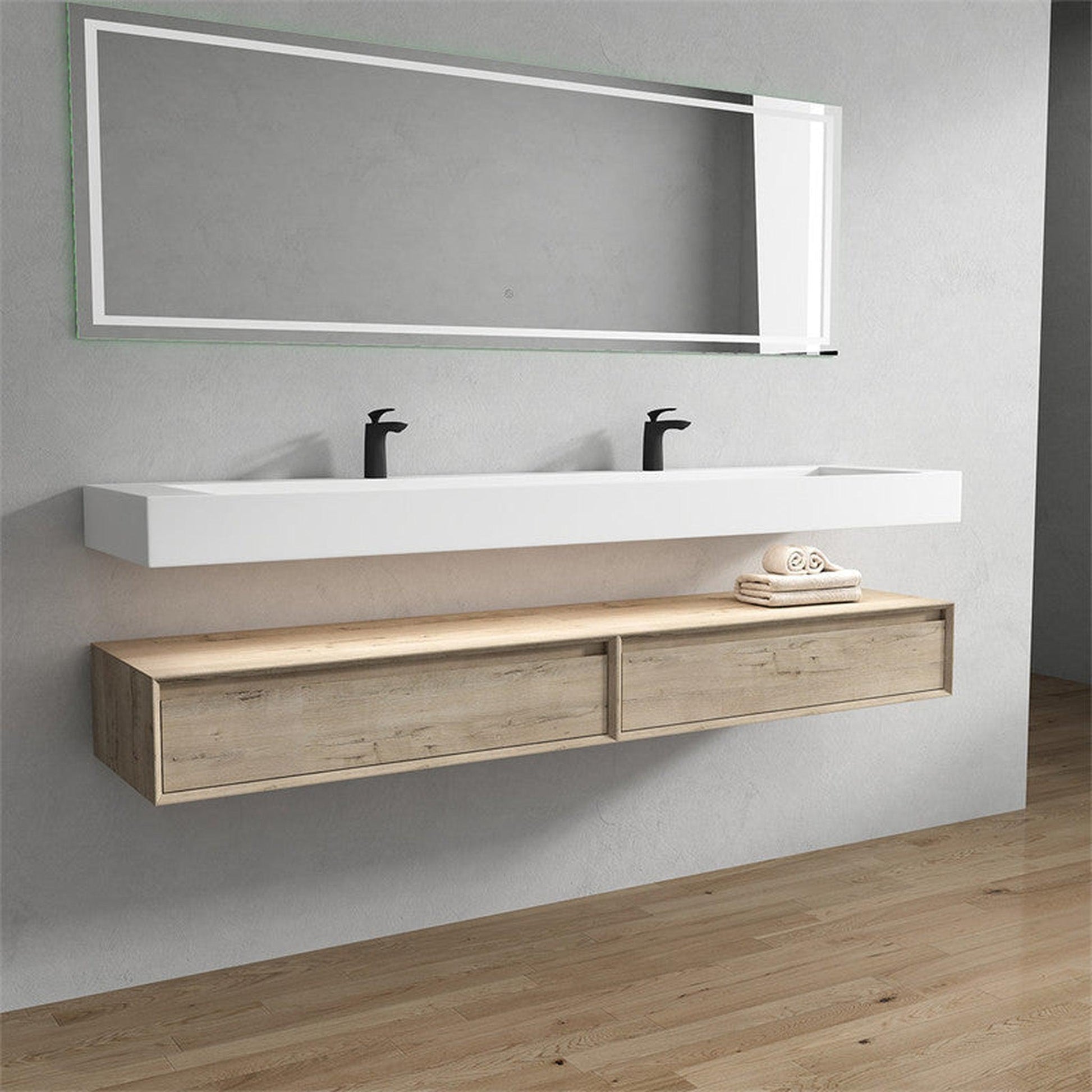 Moreno Bath ALYSA 84" Light Oak Floating Vanity With Double Faucet Holes and Reinforced White Acrylic Sink