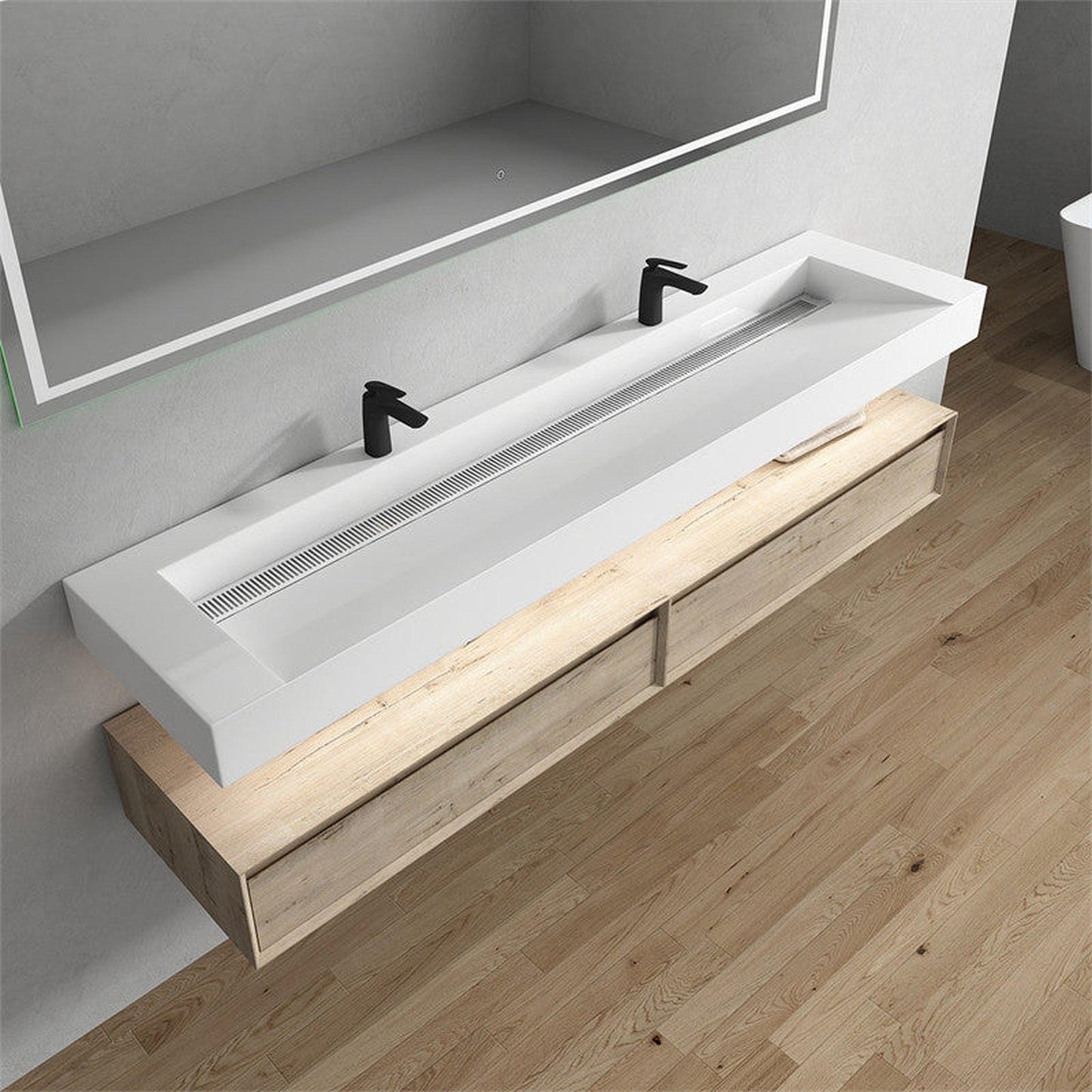 Moreno Bath ALYSA 84" Light Oak Floating Vanity With Double Faucet Holes and Reinforced White Acrylic Sink