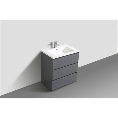 Moreno Bath Angeles 30" High Gloss Gray Freestanding Vanity With Single Reinforced White Acrylic Sink