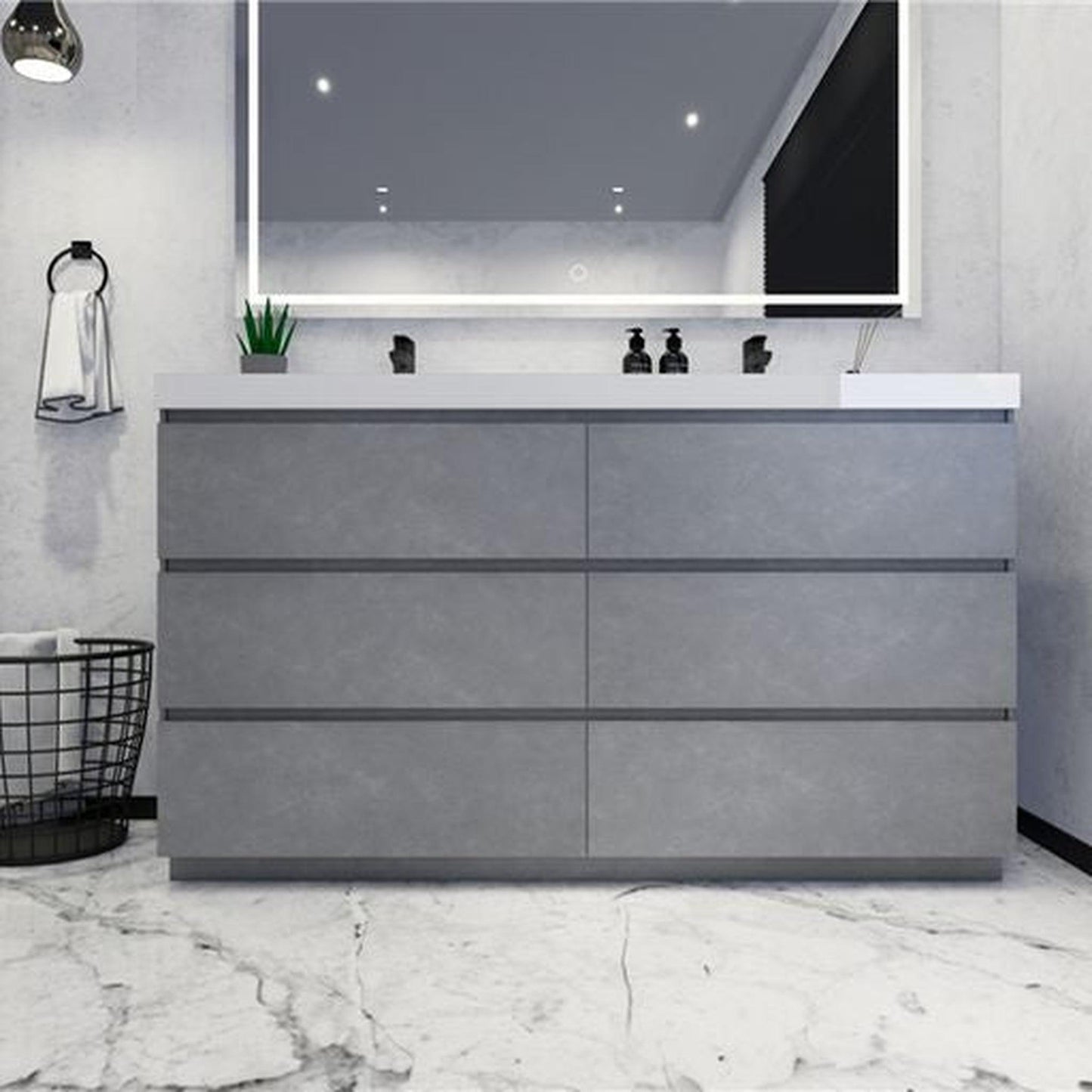 Moreno Bath Angeles 60" Cement Gray Freestanding Vanity With Double Reinforced White Acrylic Sinks