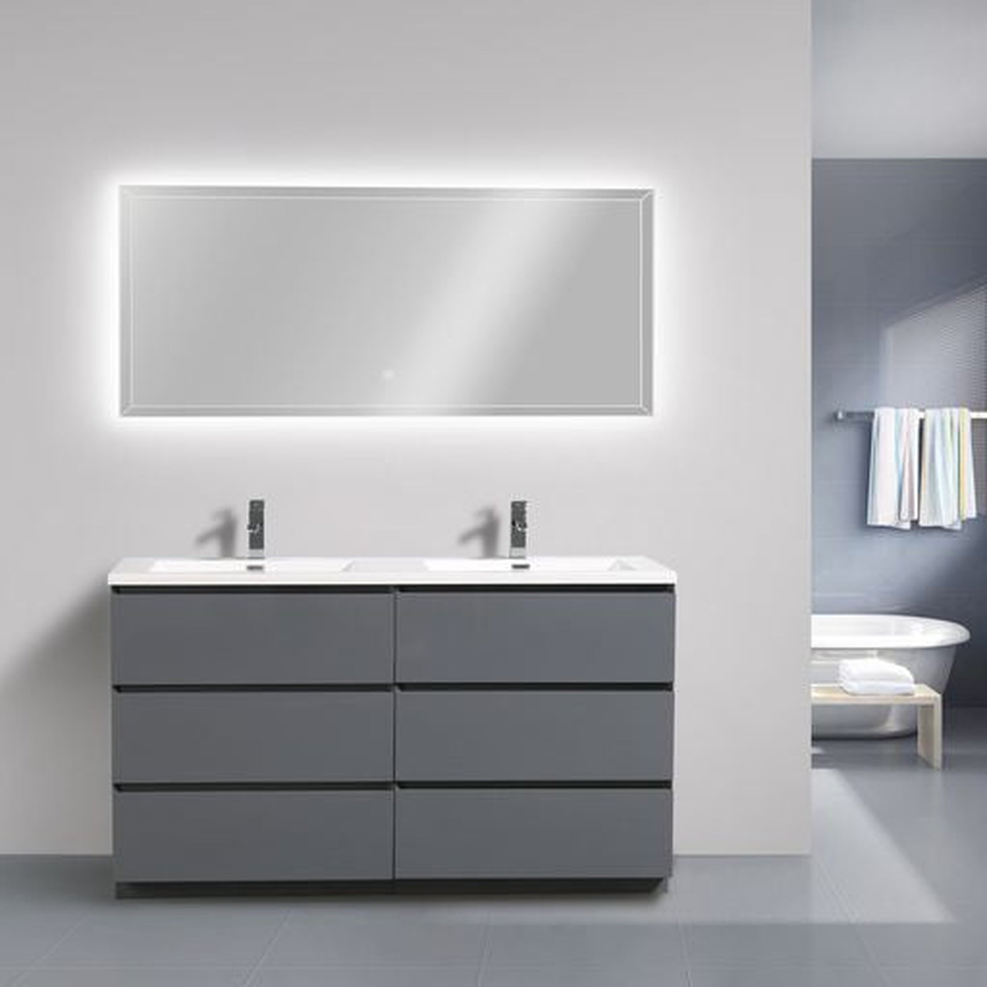 Moreno Bath Angeles 60" High Gloss Gray Freestanding Vanity With Double Reinforced White Acrylic Sinks