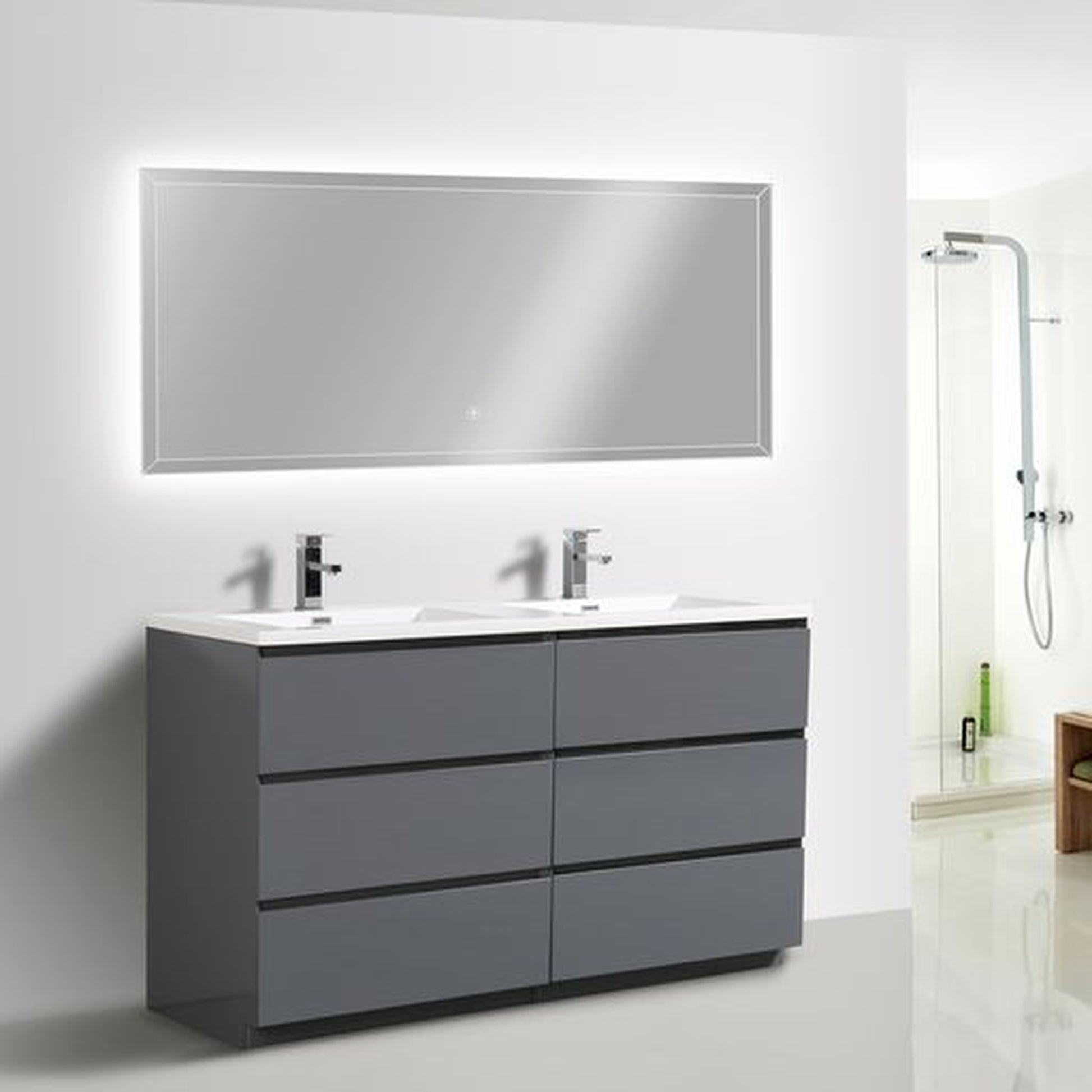 Moreno Bath Angeles 60" High Gloss Gray Freestanding Vanity With Double Reinforced White Acrylic Sinks