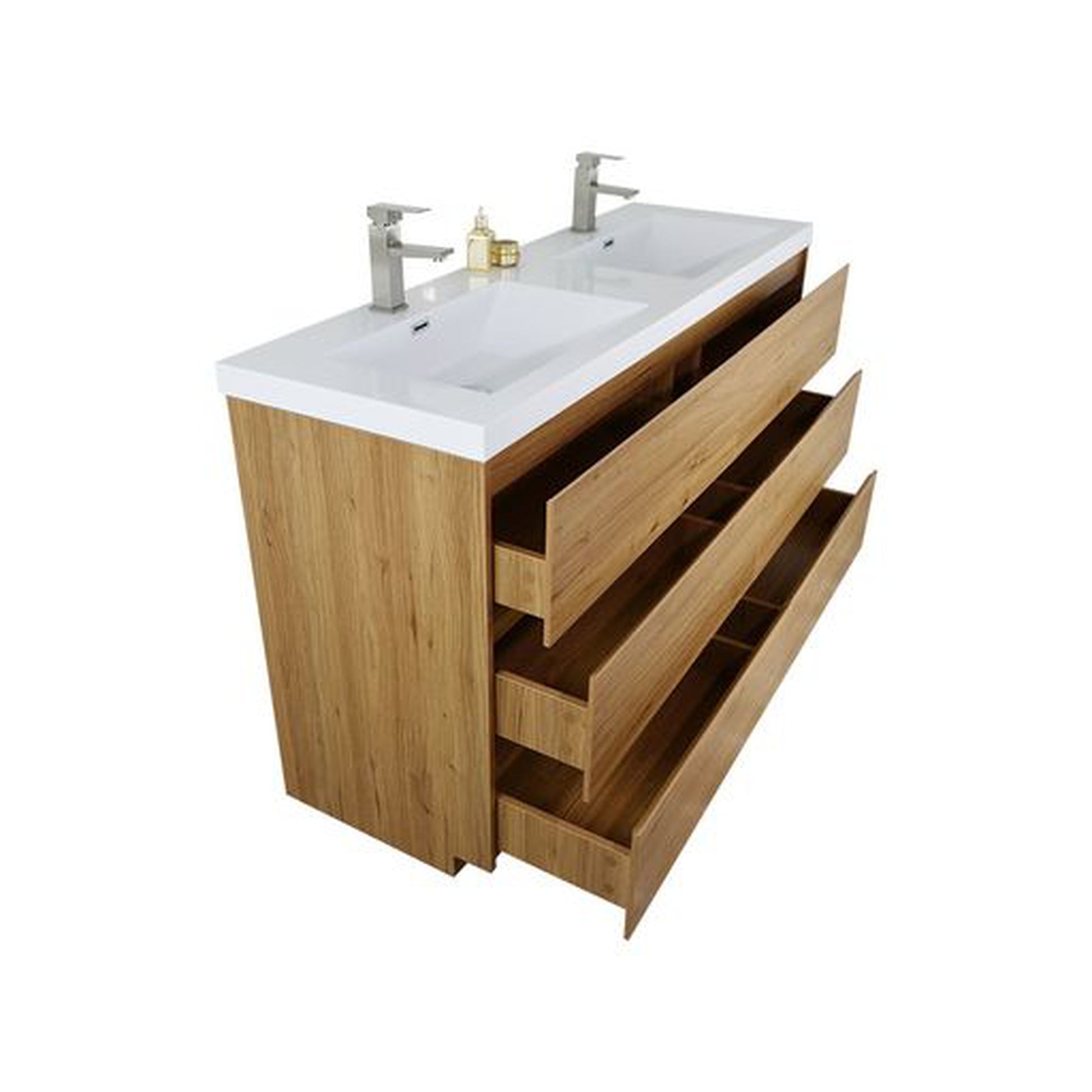 Moreno Bath Angeles 60" Nature Oak Freestanding Vanity With Double Reinforced White Acrylic Sinks