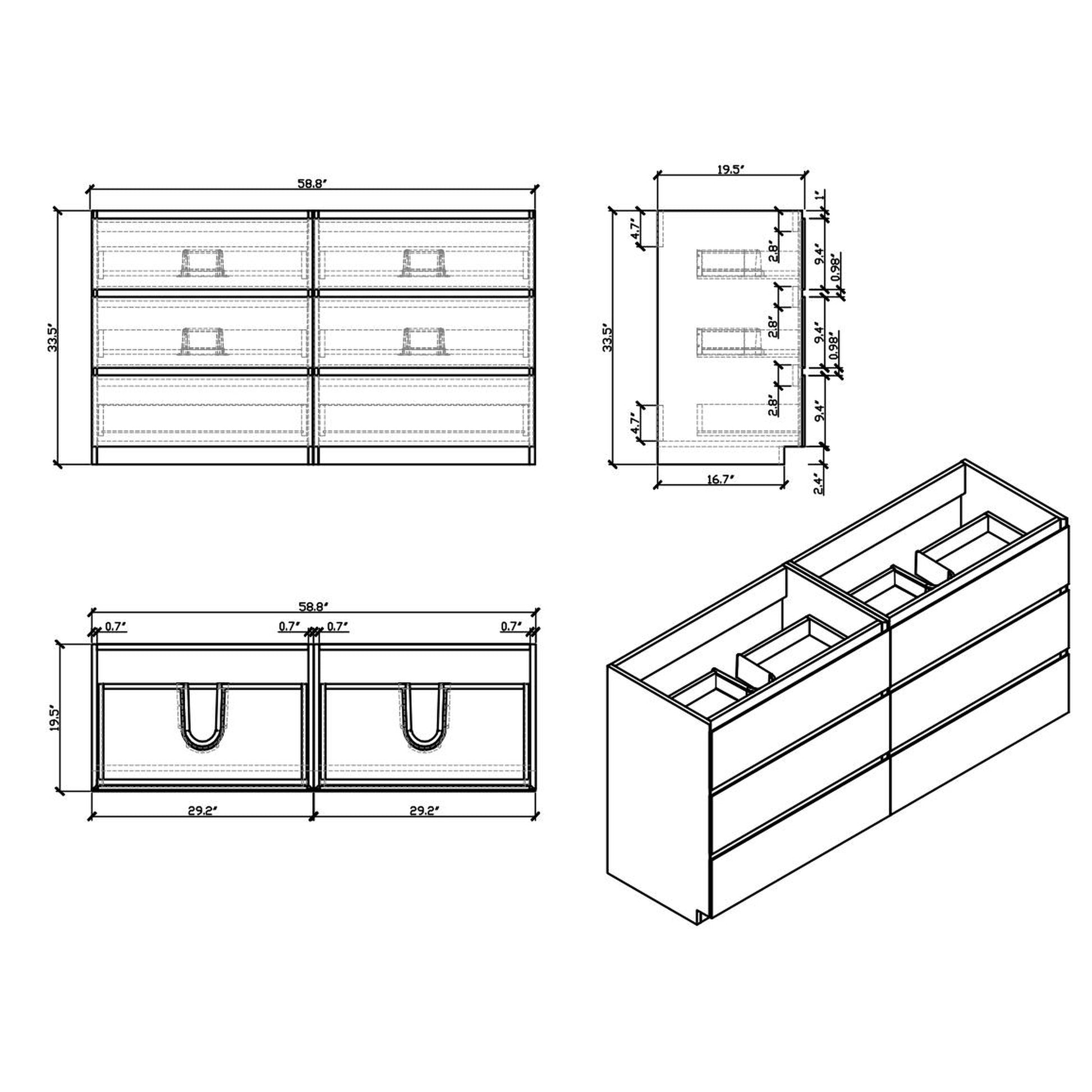 Moreno Bath Angeles 60" Nature Oak Freestanding Vanity With Double Reinforced White Acrylic Sinks