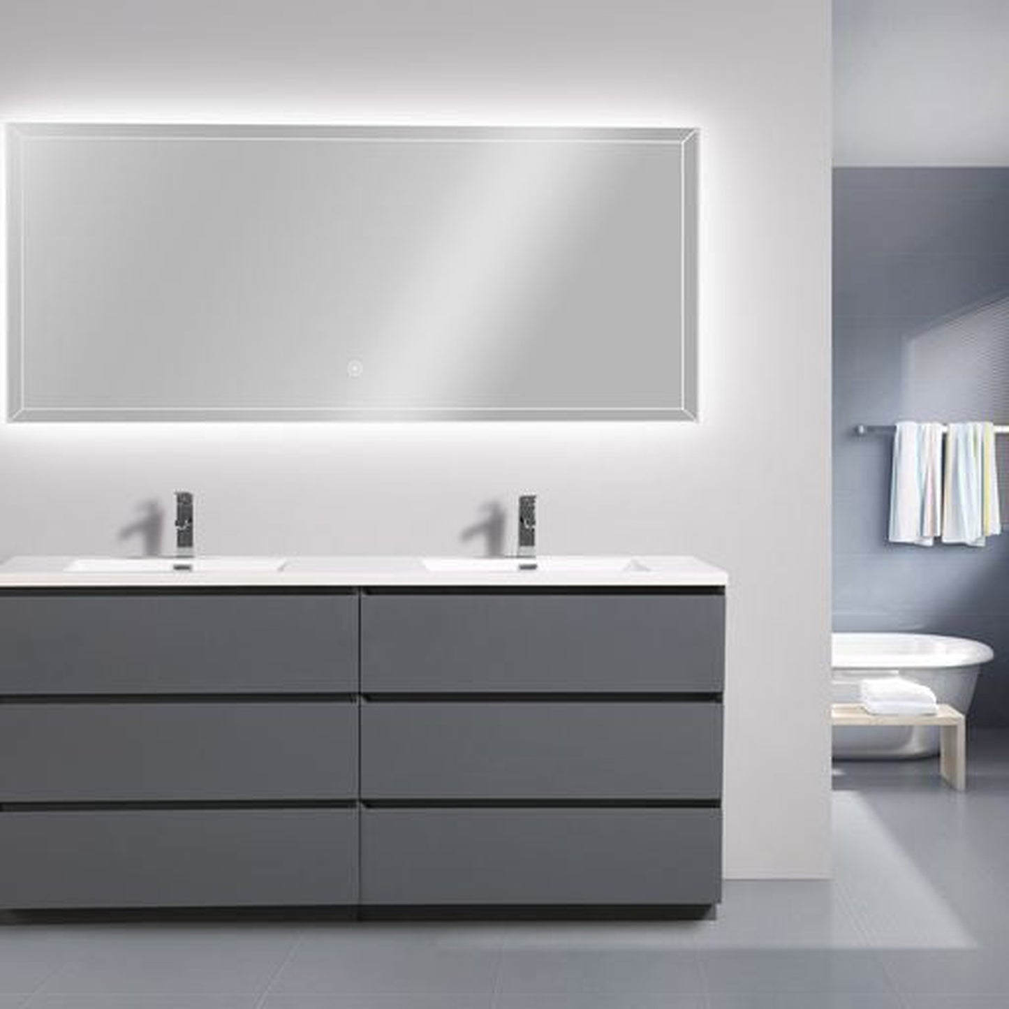 Moreno Bath Angeles 72" High Gloss Gray Freestanding Vanity With Double Reinforced White Acrylic Sinks