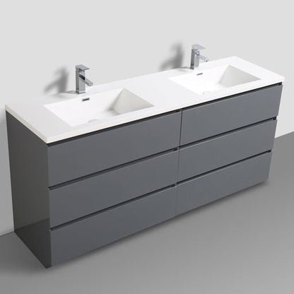 Moreno Bath Angeles 72" High Gloss Gray Freestanding Vanity With Double Reinforced White Acrylic Sinks