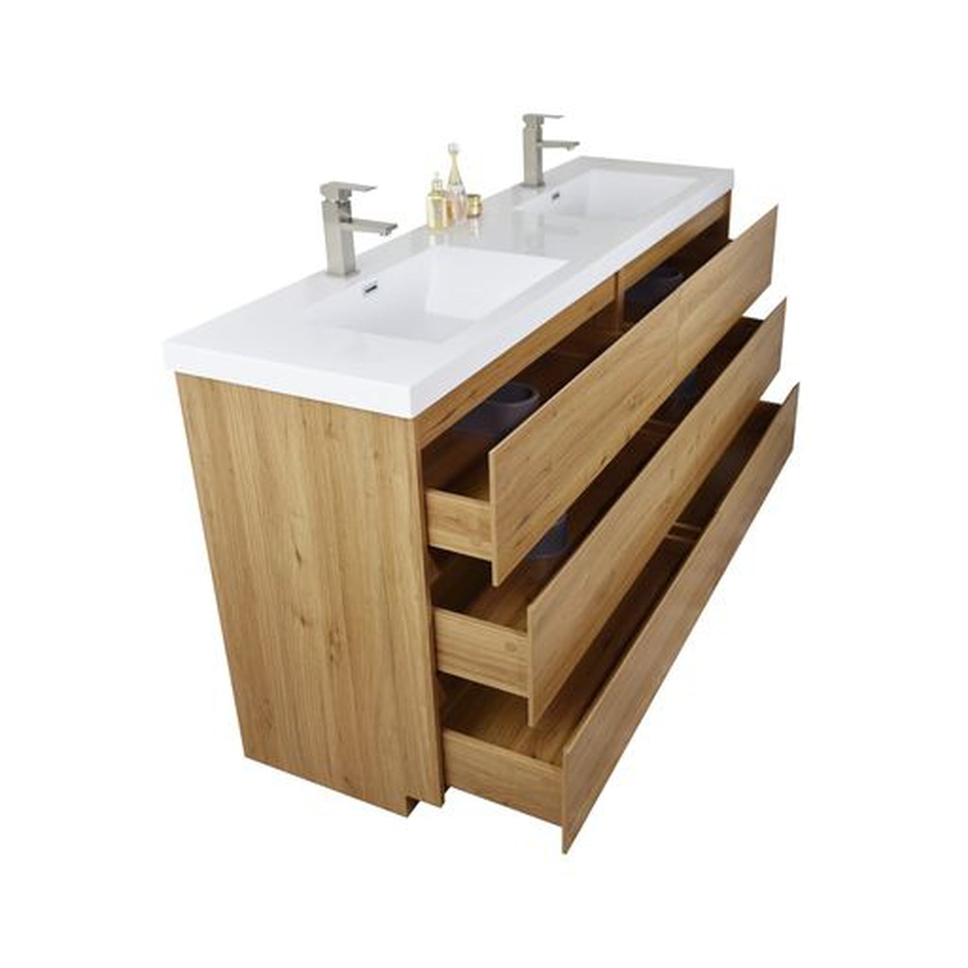 Moreno Bath Angeles 72" Nature Oak Freestanding Vanity With Double Reinforced White Acrylic Sinks