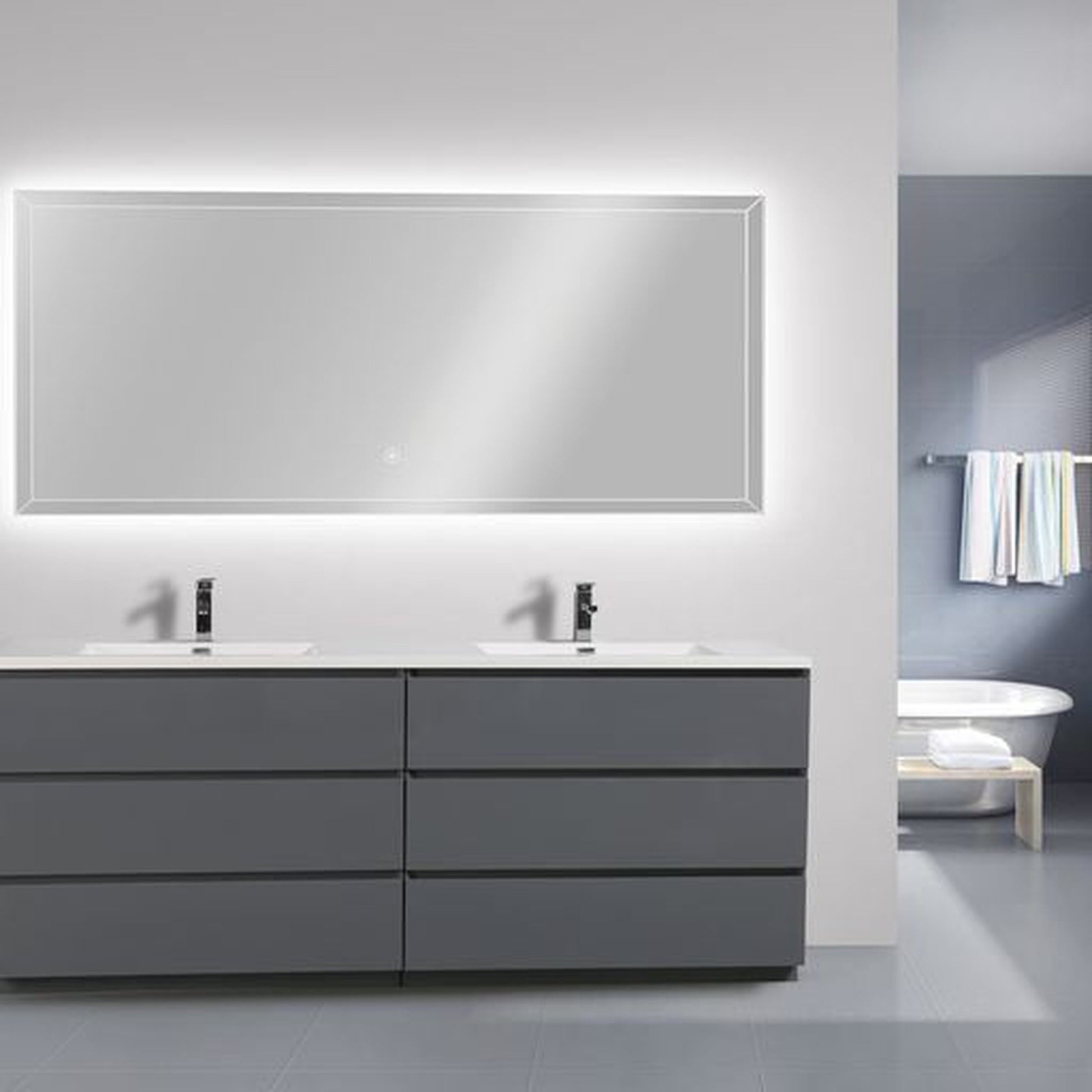 Moreno Bath Angeles 84" High Gloss Gray Freestanding Vanity With Double Reinforced White Acrylic Sinks