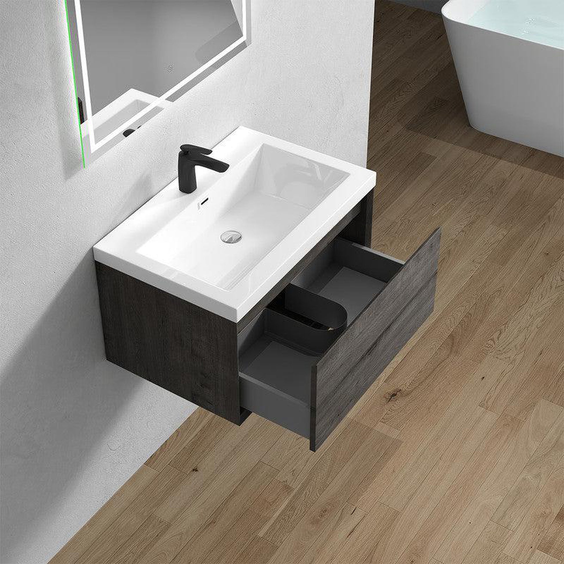 Moreno Bath BELLA 30" Smoke Oak Wall-Mounted Vanity With Single Reinforced White Acrylic Sink