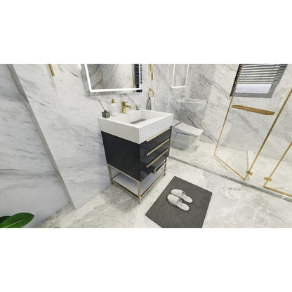 Moreno Bath Bethany 24" High Gloss Gray Freestanding Vanity With Single Reinforced White Acrylic Sink