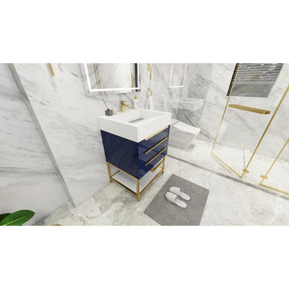 Moreno Bath Bethany 24" High Gloss Night Blue Freestanding Vanity With Single Reinforced White Acrylic Sink