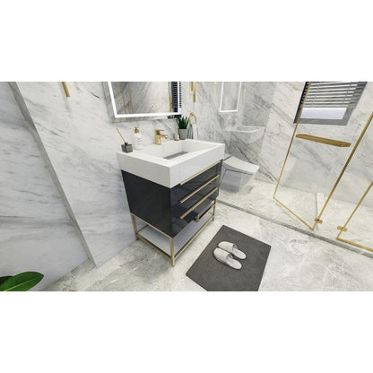 Moreno Bath Bethany 30" High Gloss Gray Freestanding Vanity With Single Reinforced White Acrylic Sink