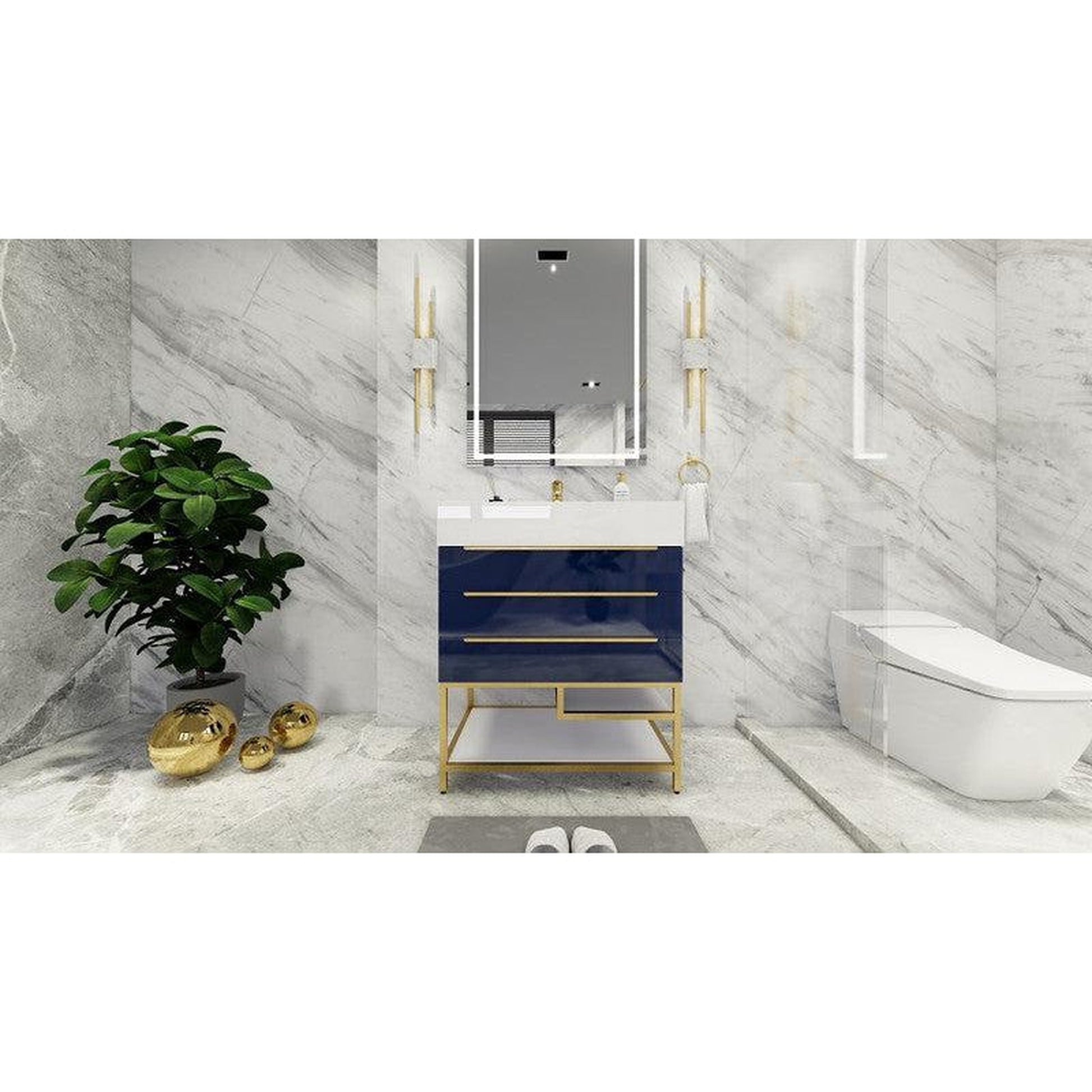 Moreno Bath Bethany 30" High Gloss Night Blue Freestanding Vanity With Single Reinforced White Acrylic Sink