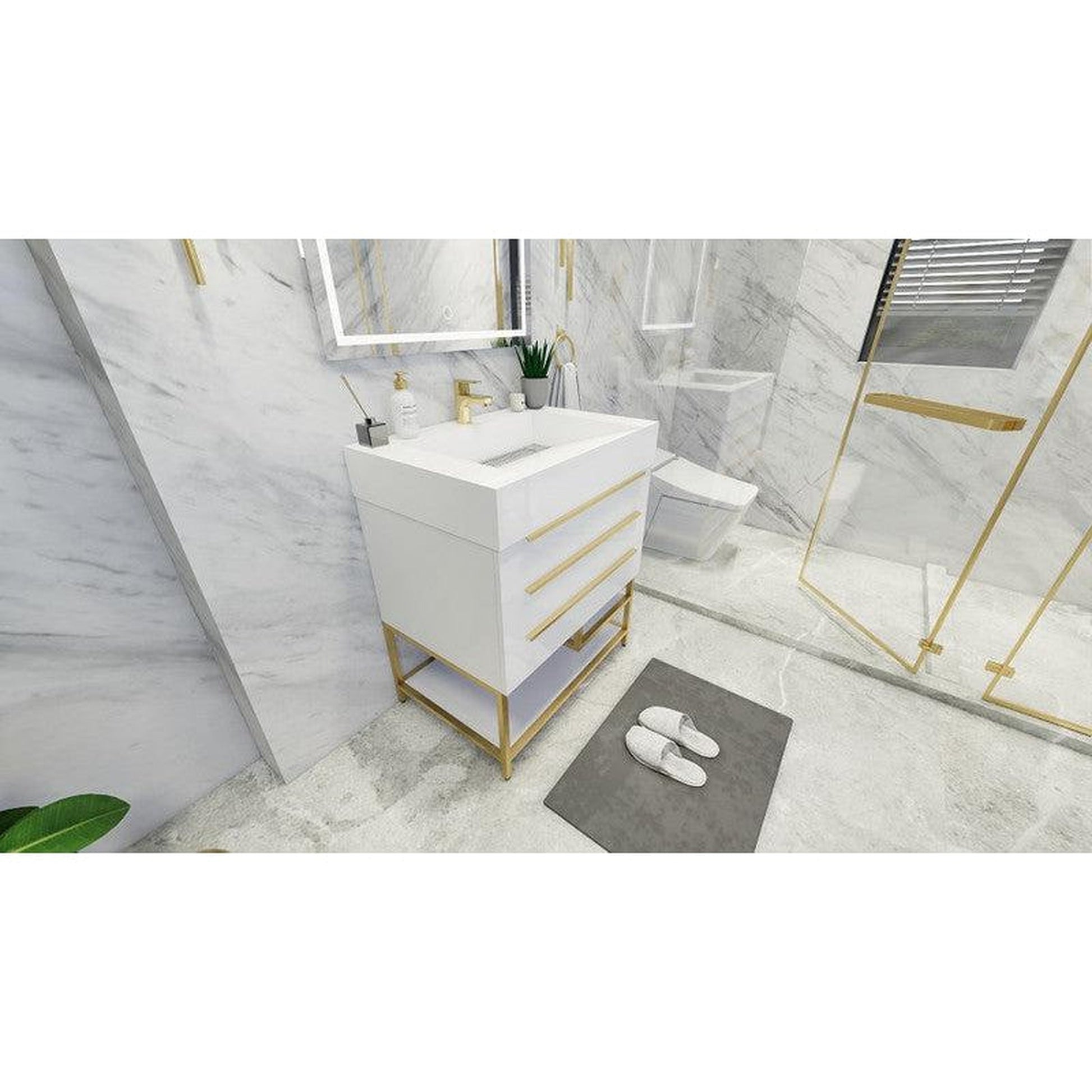 Moreno Bath Bethany 30" High Gloss White Freestanding Vanity With Single Reinforced White Acrylic Sink