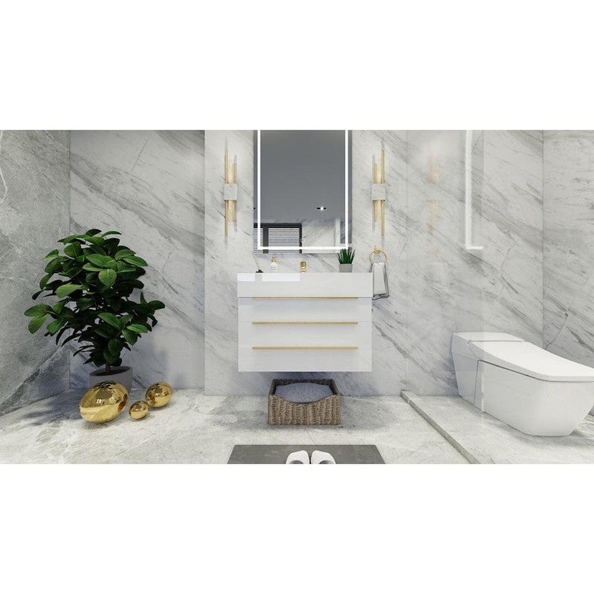 Moreno Bath Bethany 30" High Gloss White Wall-Mounted Vanity With Single Reinforced White Acrylic Sink