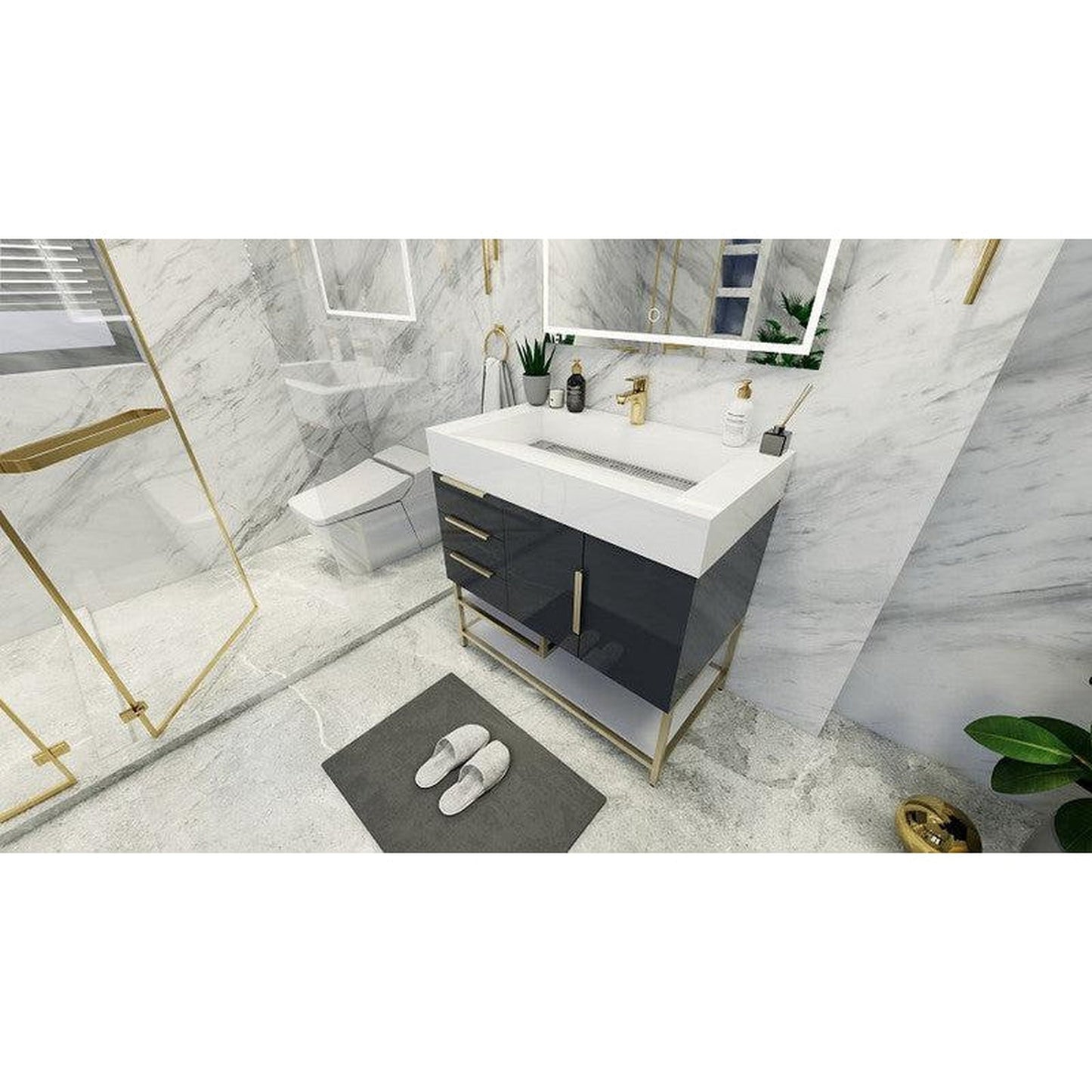 Moreno Bath Bethany 36" High Gloss Gray Freestanding Vanity With Left Side Drawers and Single Reinforced White Acrylic Sink