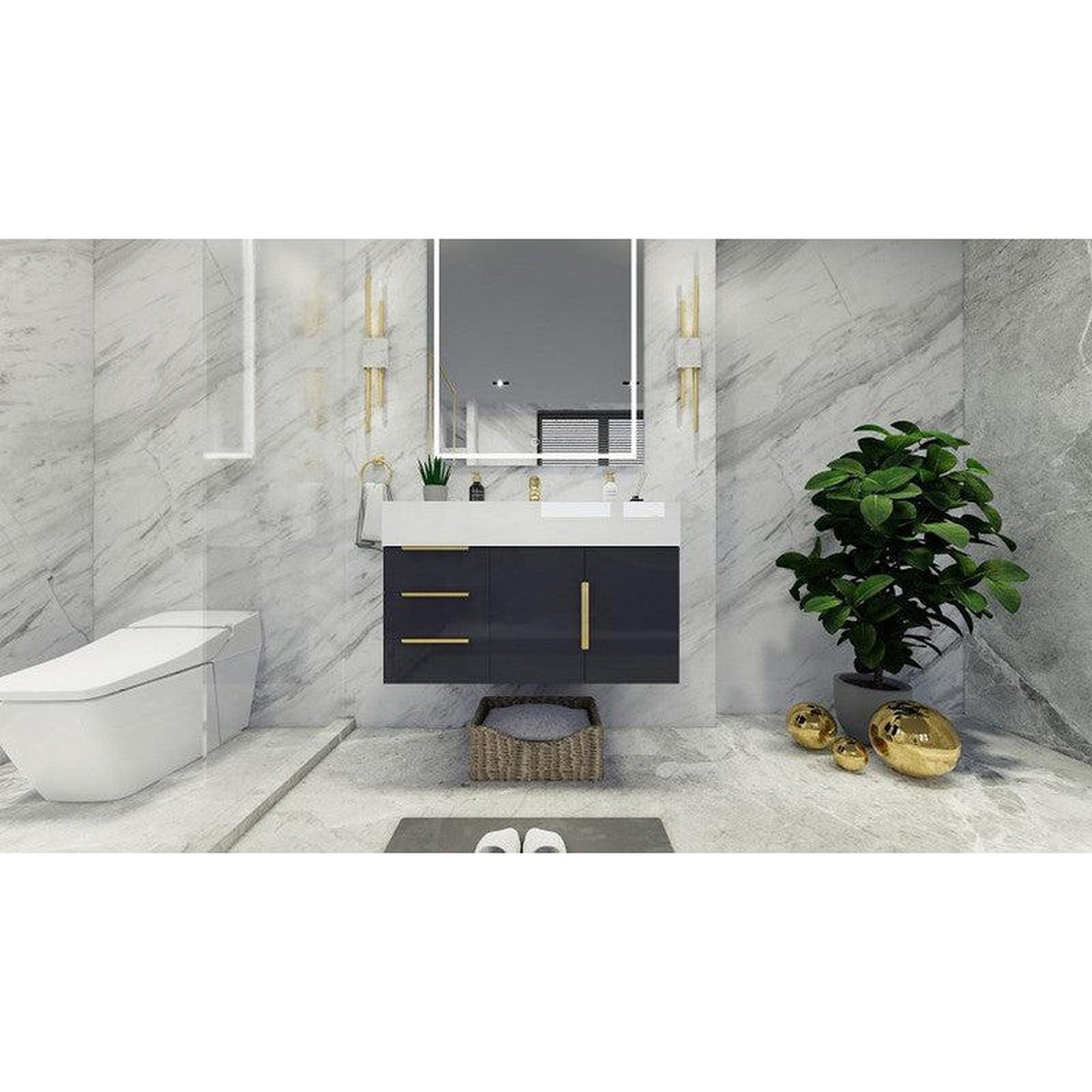 Moreno Bath Bethany 36" High Gloss Gray Wall-Mounted Vanity With Left Side Drawers and Single Reinforced White Acrylic Sink