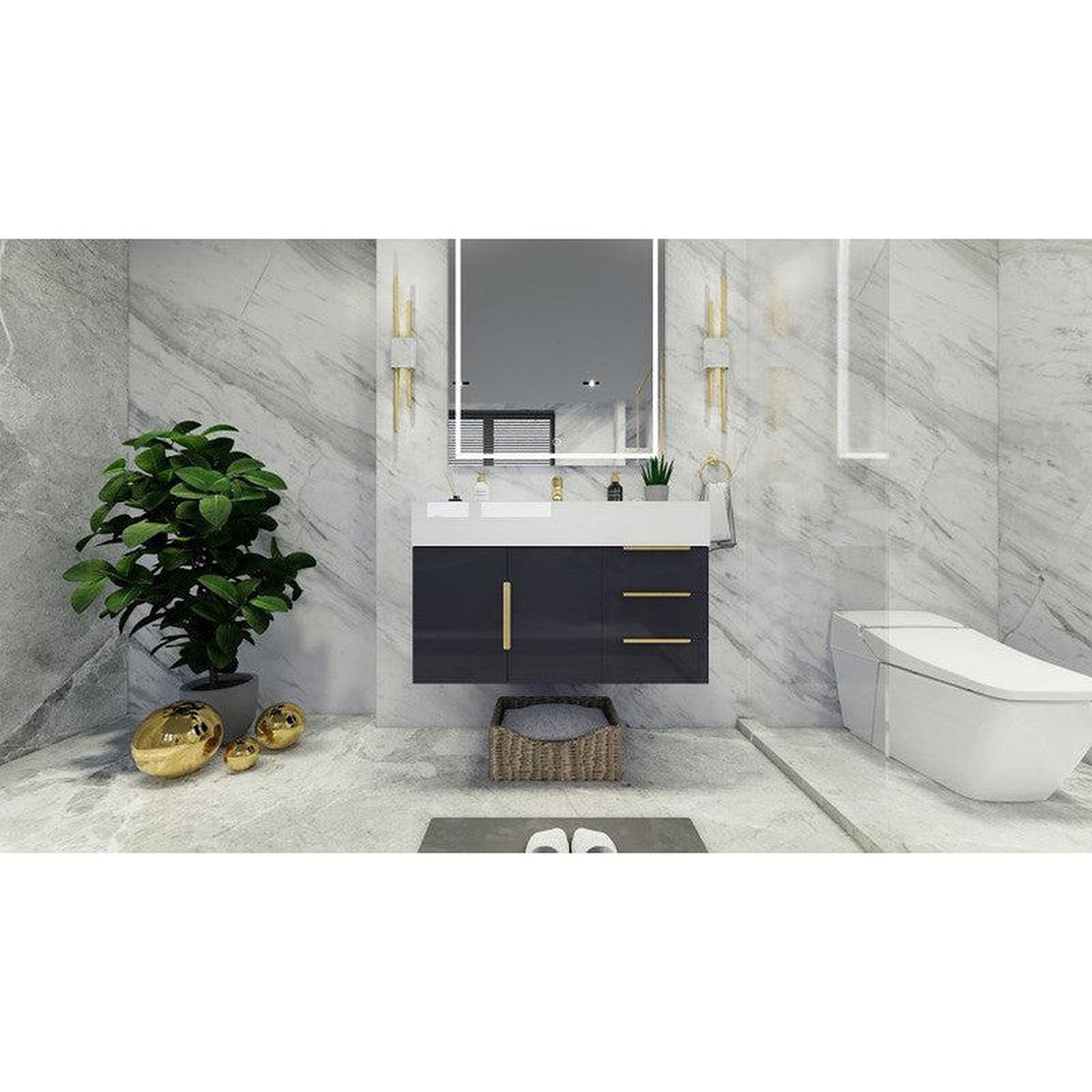 Moreno Bath Bethany 36" High Gloss Gray Wall-Mounted Vanity With Right Side Drawers and Single Reinforced White Acrylic Sink