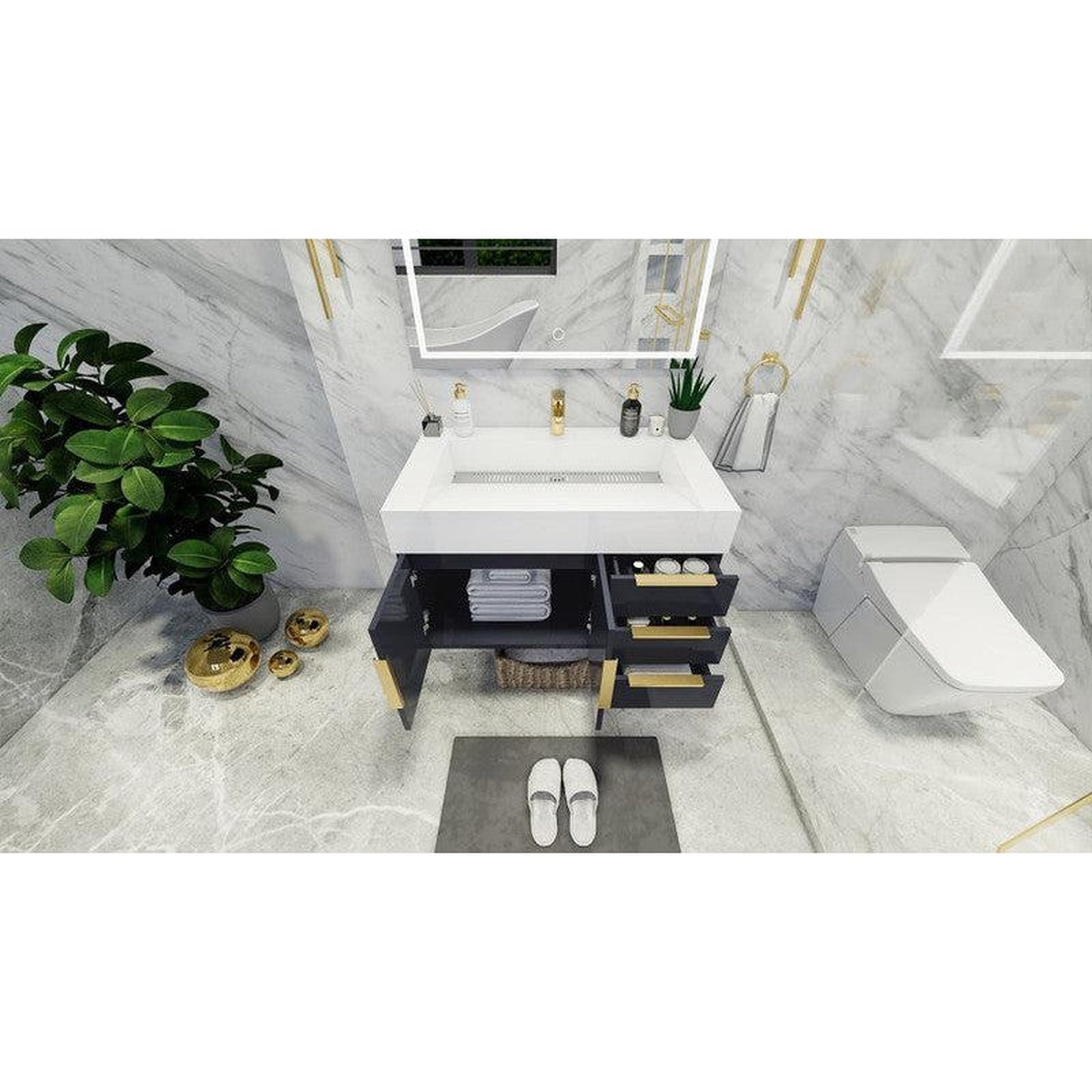 Moreno Bath Bethany 36" High Gloss Gray Wall-Mounted Vanity With Right Side Drawers and Single Reinforced White Acrylic Sink