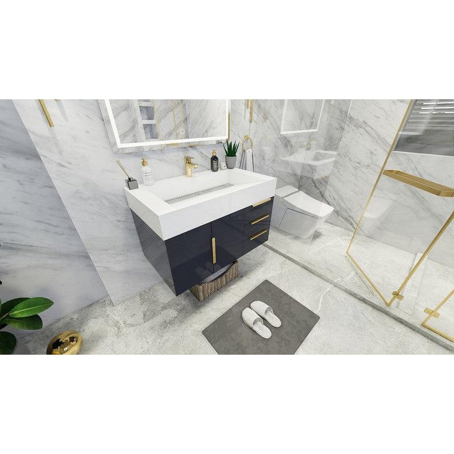 Moreno Bath Bethany 36" High Gloss Gray Wall-Mounted Vanity With Right Side Drawers and Single Reinforced White Acrylic Sink