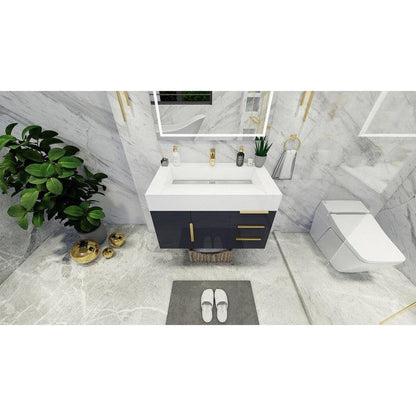 Moreno Bath Bethany 36" High Gloss Gray Wall-Mounted Vanity With Right Side Drawers and Single Reinforced White Acrylic Sink