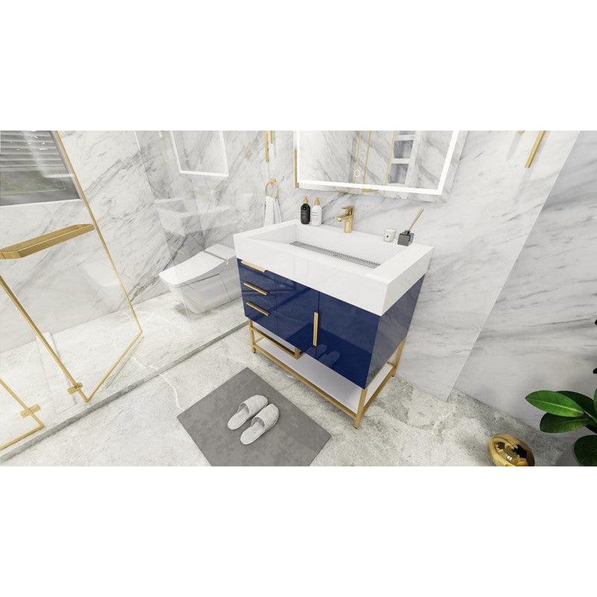 Moreno Bath Bethany 36" High Gloss Night Blue Freestanding Vanity With Left Side Drawers and Single Reinforced White Acrylic Sink