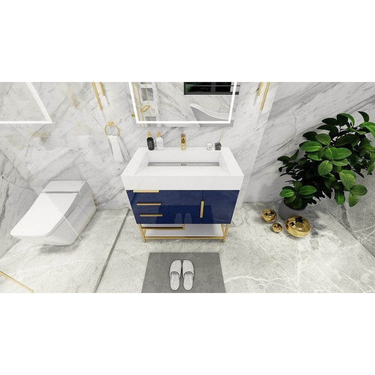 Moreno Bath Bethany 36" High Gloss Night Blue Freestanding Vanity With Left Side Drawers and Single Reinforced White Acrylic Sink