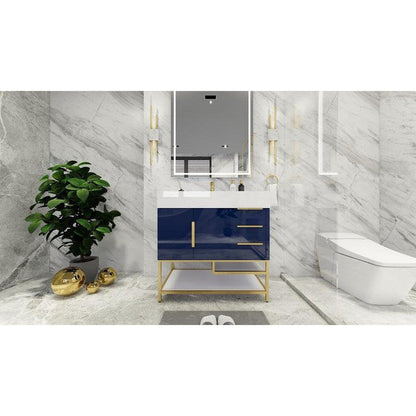 Moreno Bath Bethany 36" High Gloss Night Blue Freestanding Vanity With Right Side Drawers and Single Reinforced White Acrylic Sink