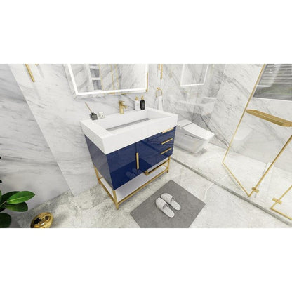 Moreno Bath Bethany 36" High Gloss Night Blue Freestanding Vanity With Right Side Drawers and Single Reinforced White Acrylic Sink